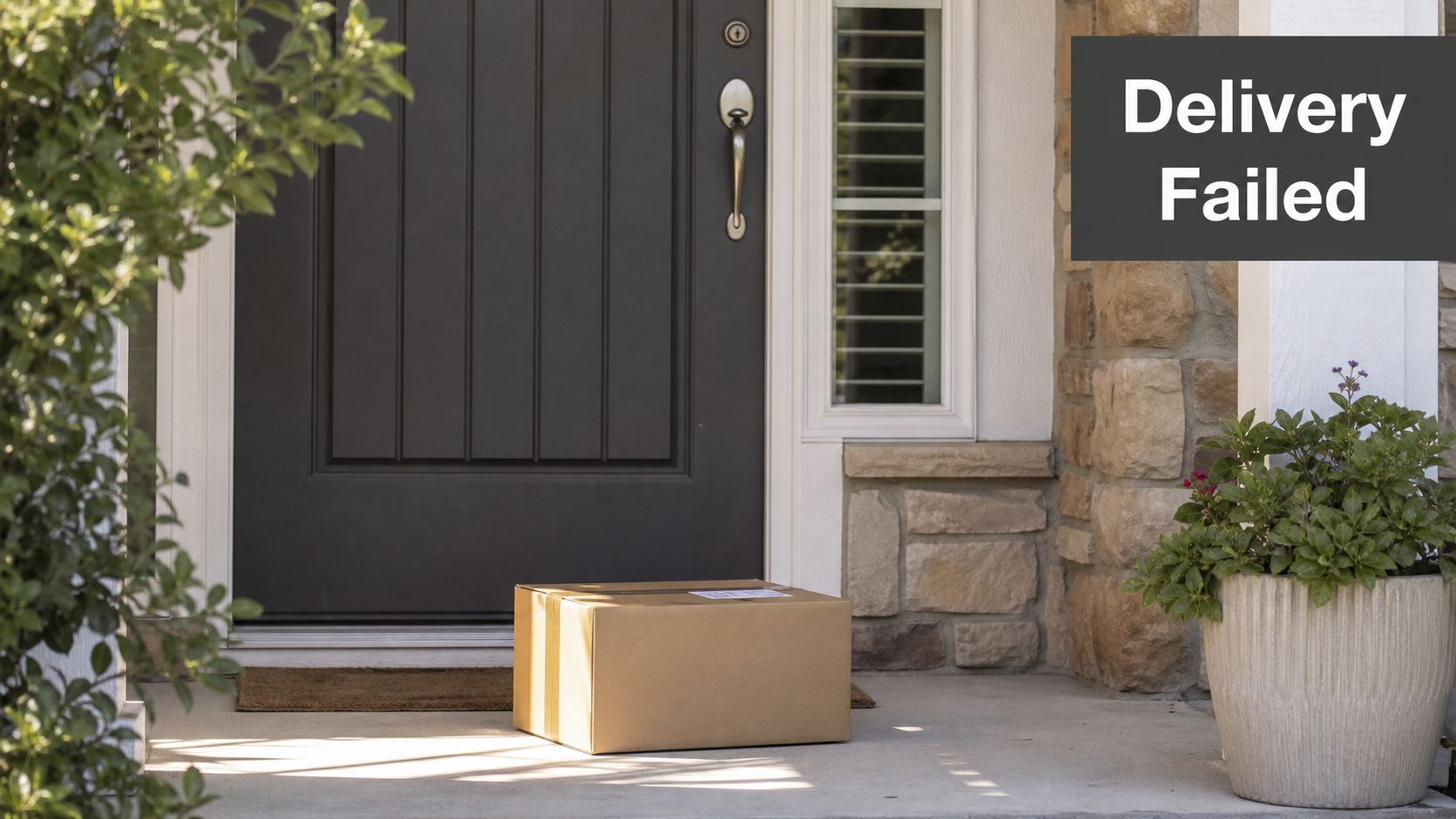 A brown cardboard delivery package sits on a front porch in front of a dark front door.