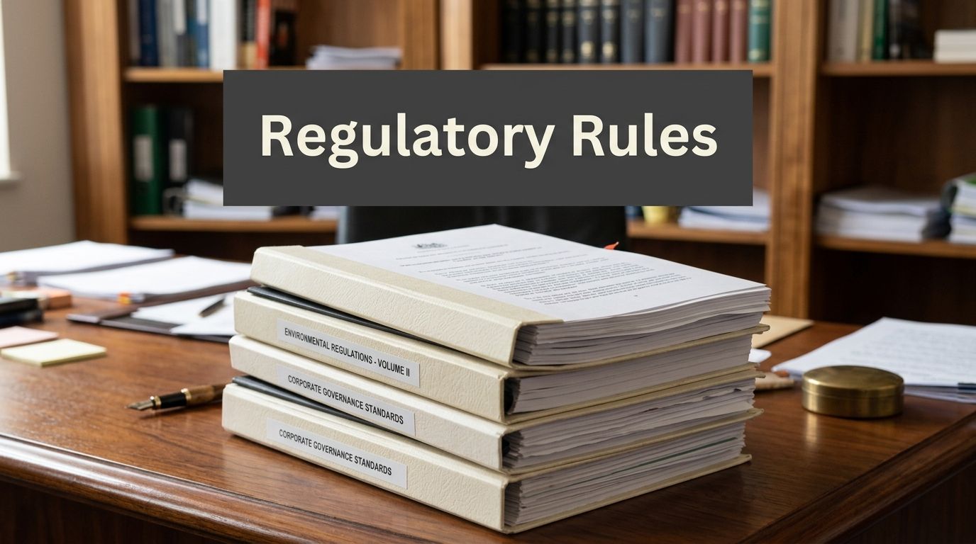 A stack of professional documents labeled with regulatory standards sitting on a polished wooden desk.