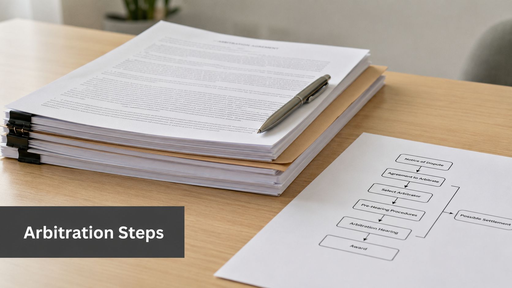 A stack of legal documents with a pen and a flow chart showing the arbitration process.