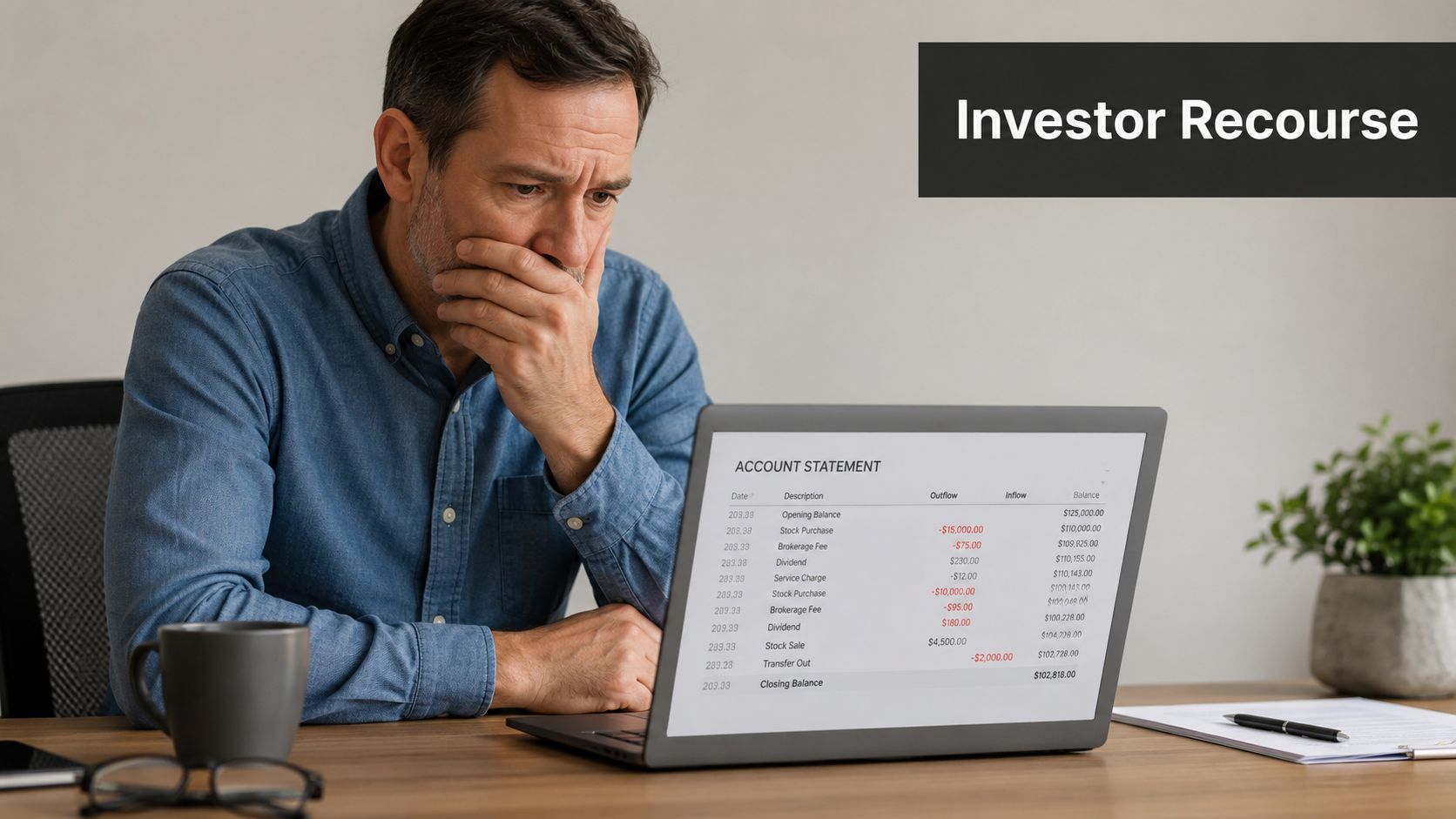 A concerned investor looking at an account statement on his laptop screen while sitting at a desk.