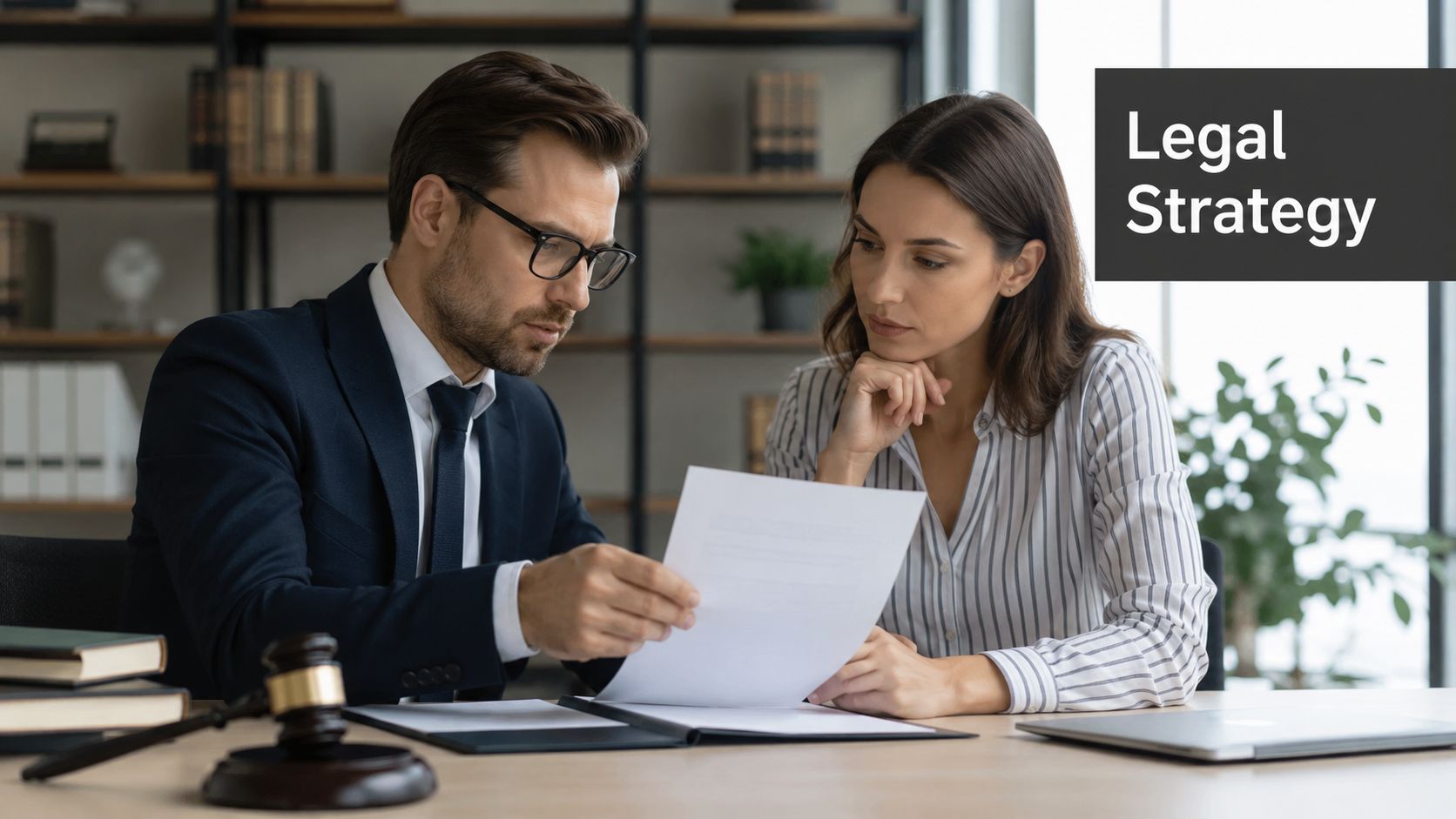 A male lawyer in a suit and a female client reviewing legal documents together in an office.