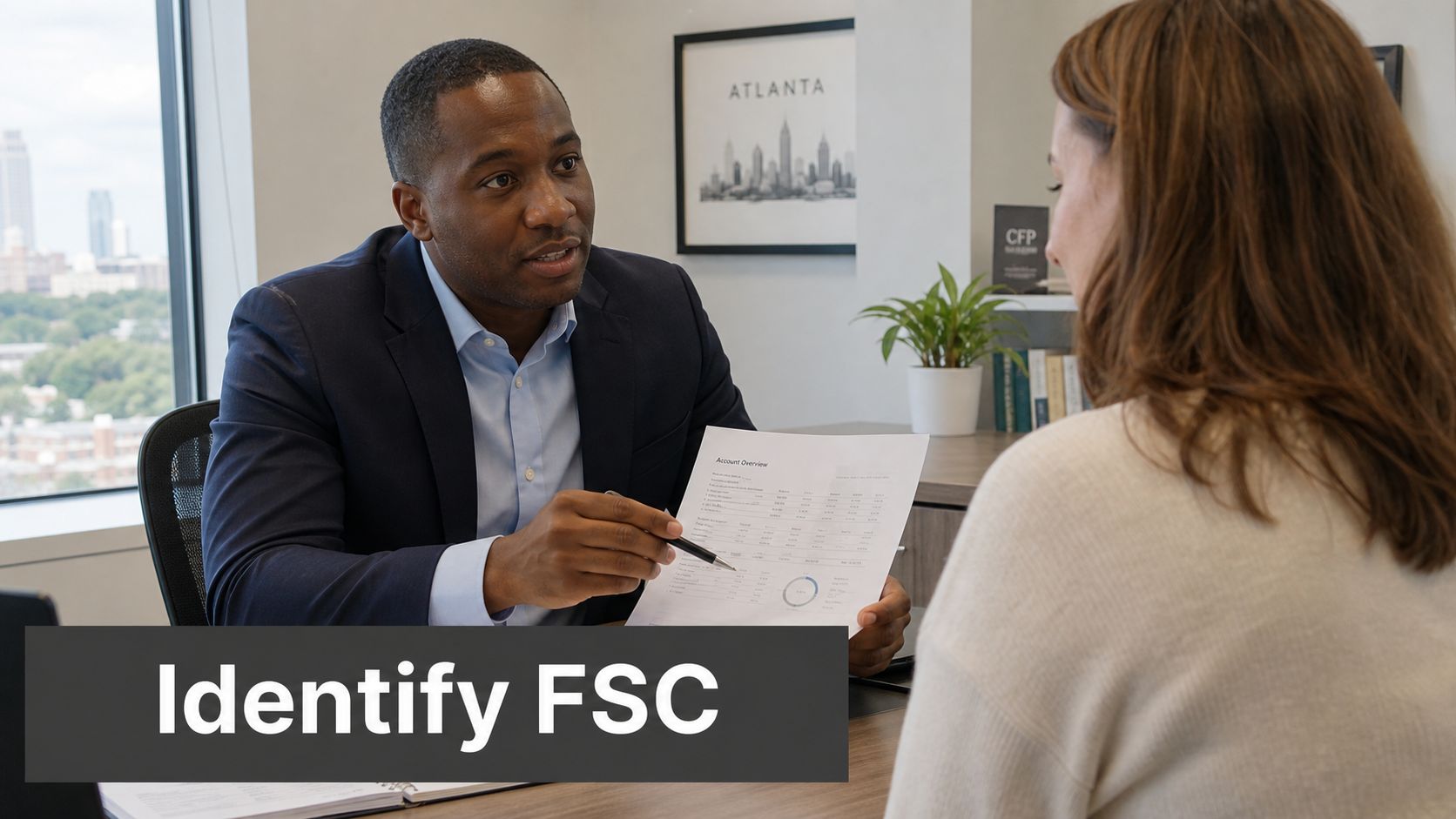 A professional financial advisor discusses financial account documents with a client in a modern office setting.