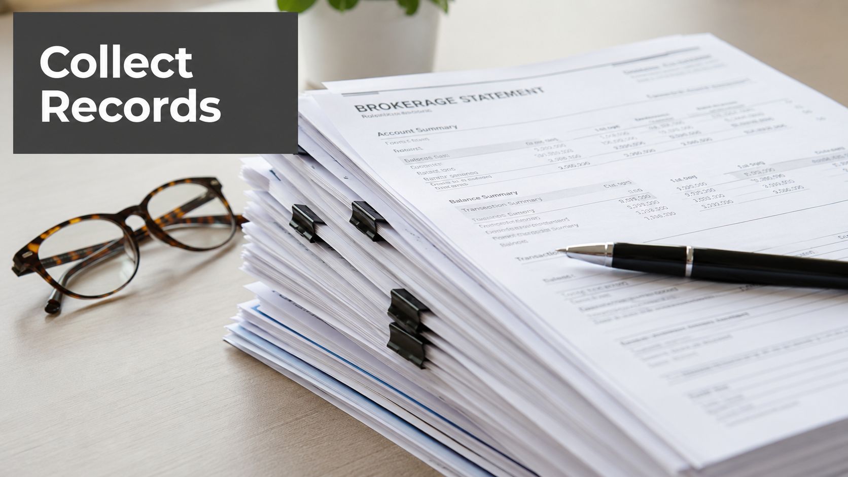 A stack of brokerage statement documents with a pen and glasses on a desk, representing financial records.