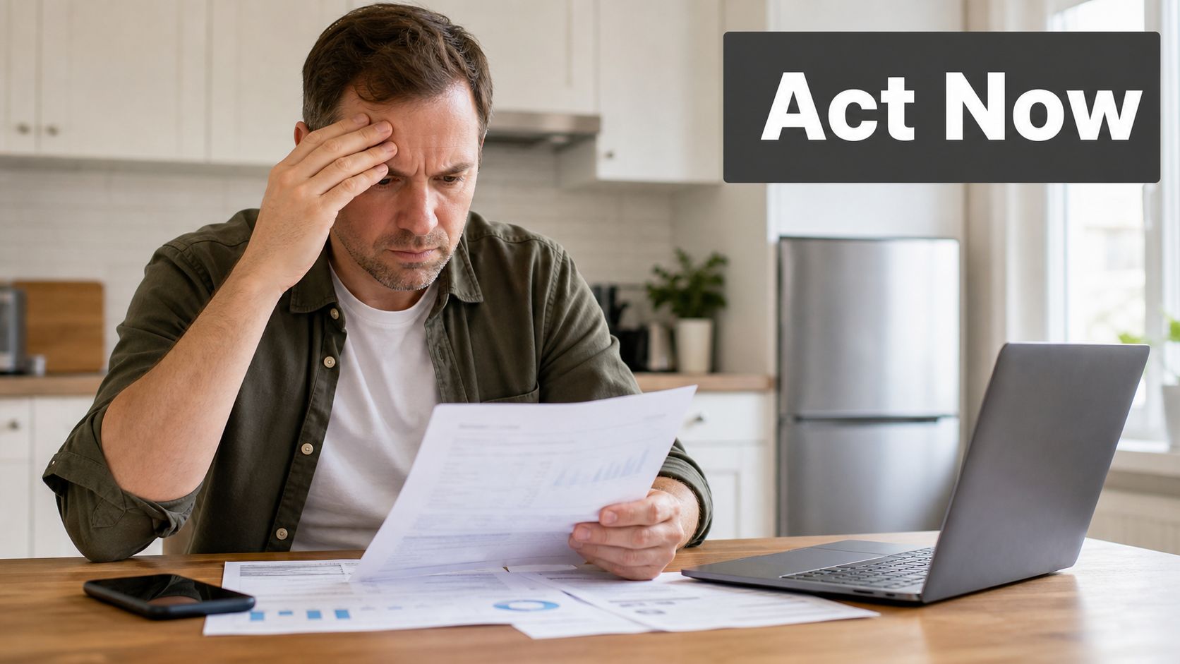 A concerned man reviewing financial documents at a wooden table with a laptop and a smartphone.