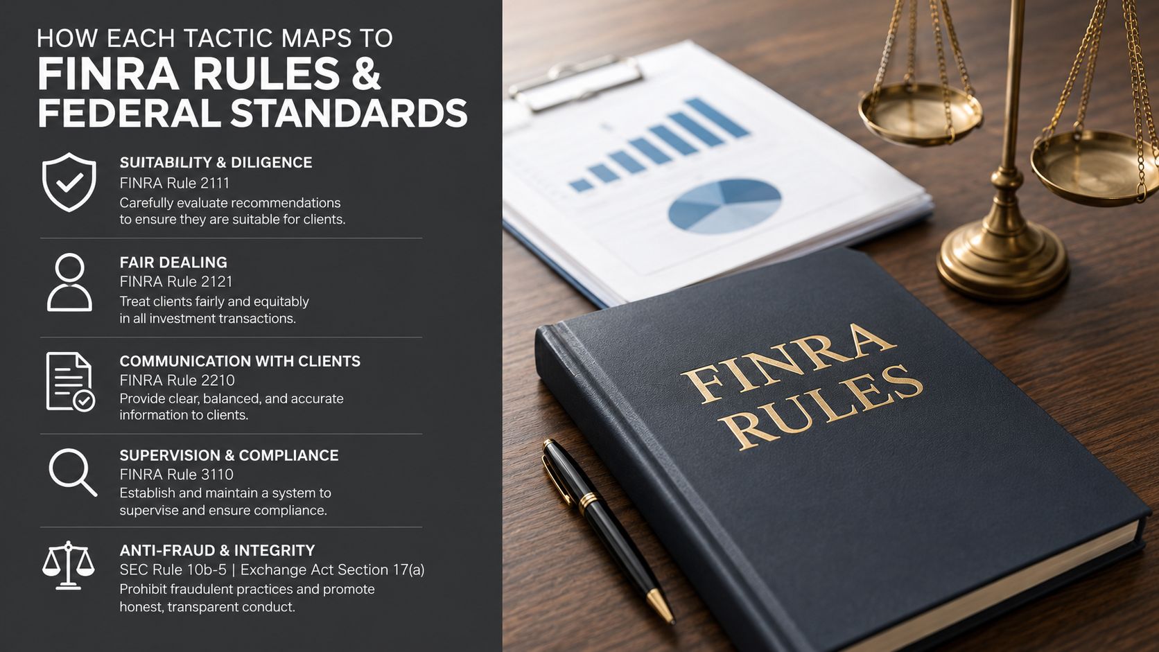A professional infographic outlining regulatory compliance standards for financial advisors, featuring FINRA rules and federal guidelines.
