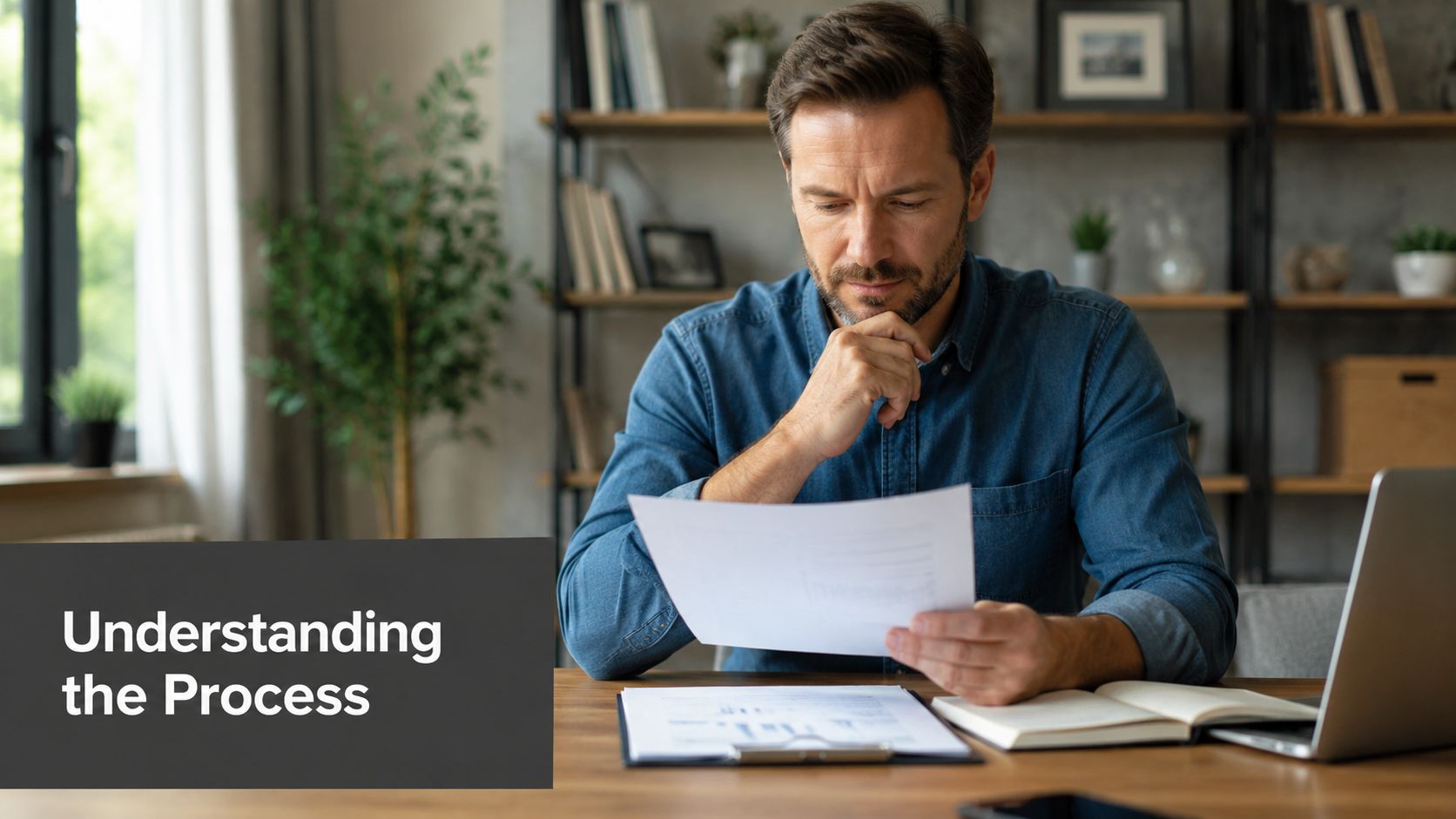 A professional man sitting at his desk, thoughtfully reviewing business documents for his work.
