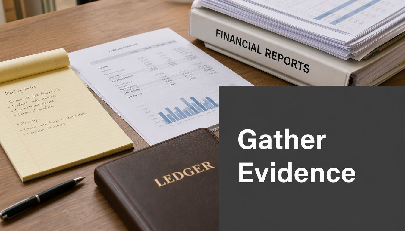 Professional workspace showing a financial report binder, a ledger, and meeting notes on a desk.