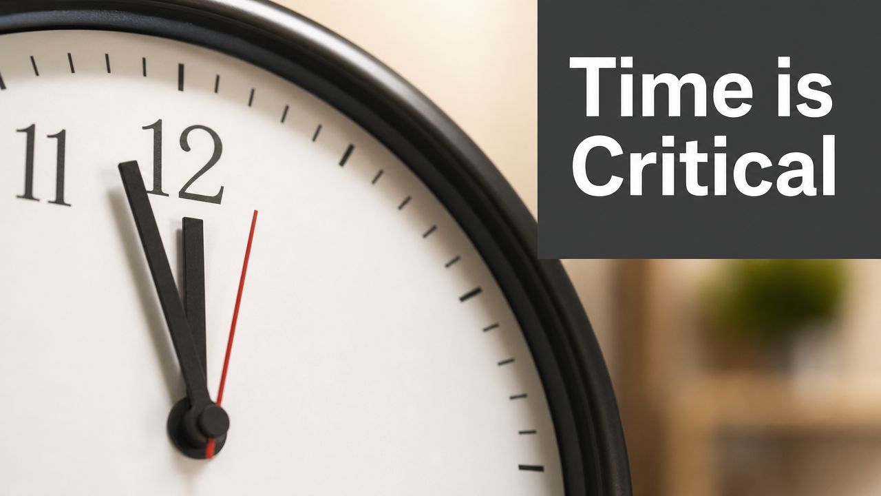 A close-up view of an analog wall clock showing the time, with text stating Time is Critical.
