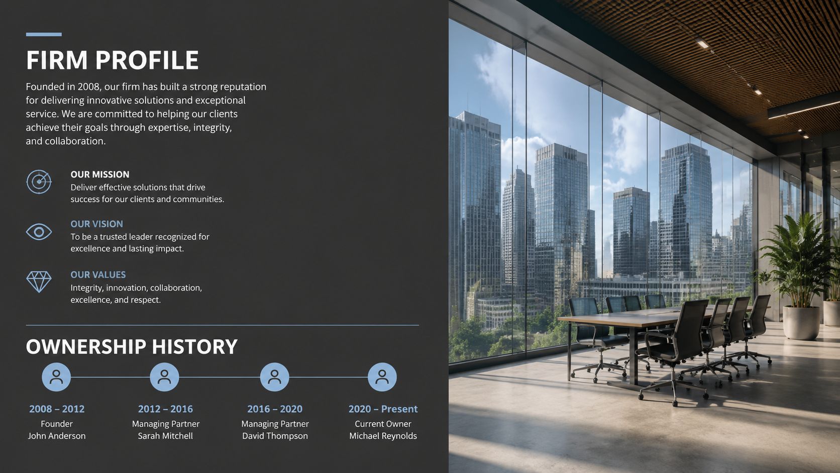 A professional firm profile presentation featuring mission, vision, values, and an ownership history timeline with office background.