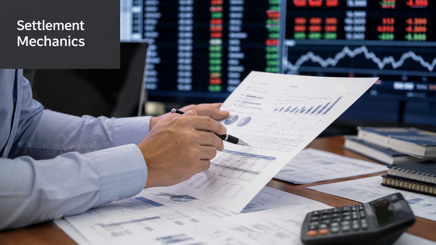 A professional analyzing financial documents with charts while working at a desk with stock market screens.