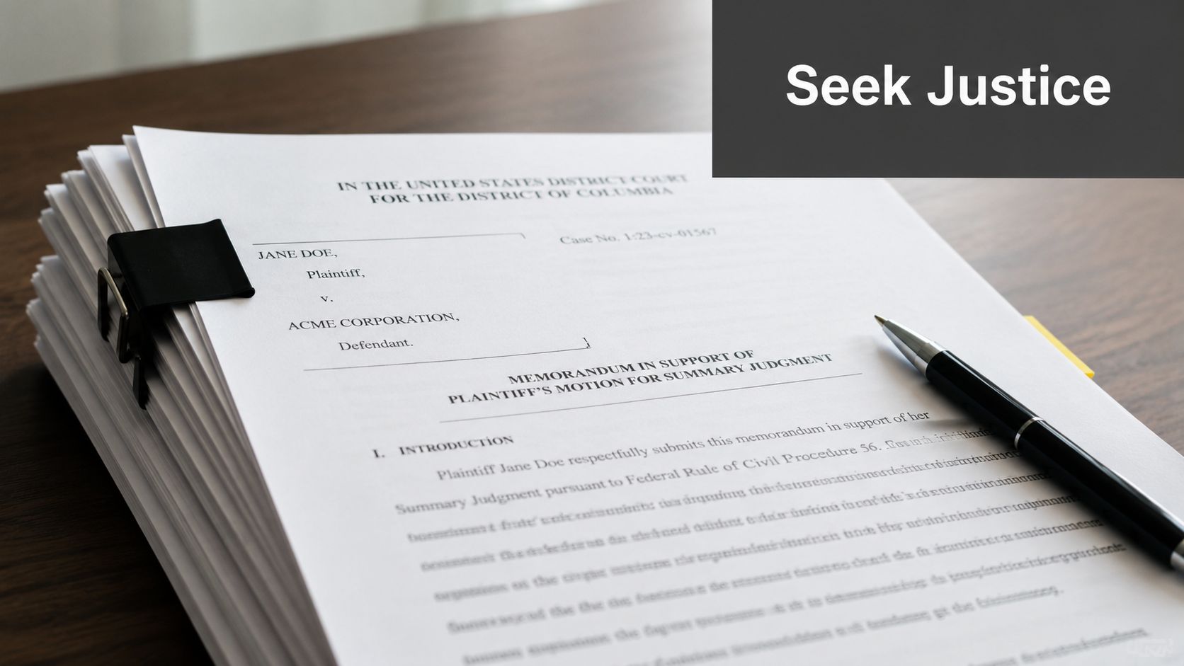 A legal document titled Memorandum in Support of Plaintiff's Motion for Summary Judgment on a wooden desk.
