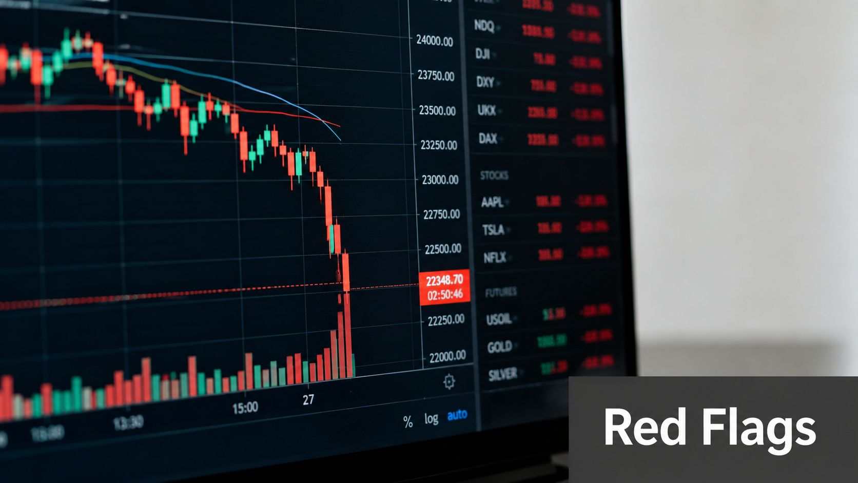 A close-up view of a computer monitor displaying a plummeting stock market chart with red candles.