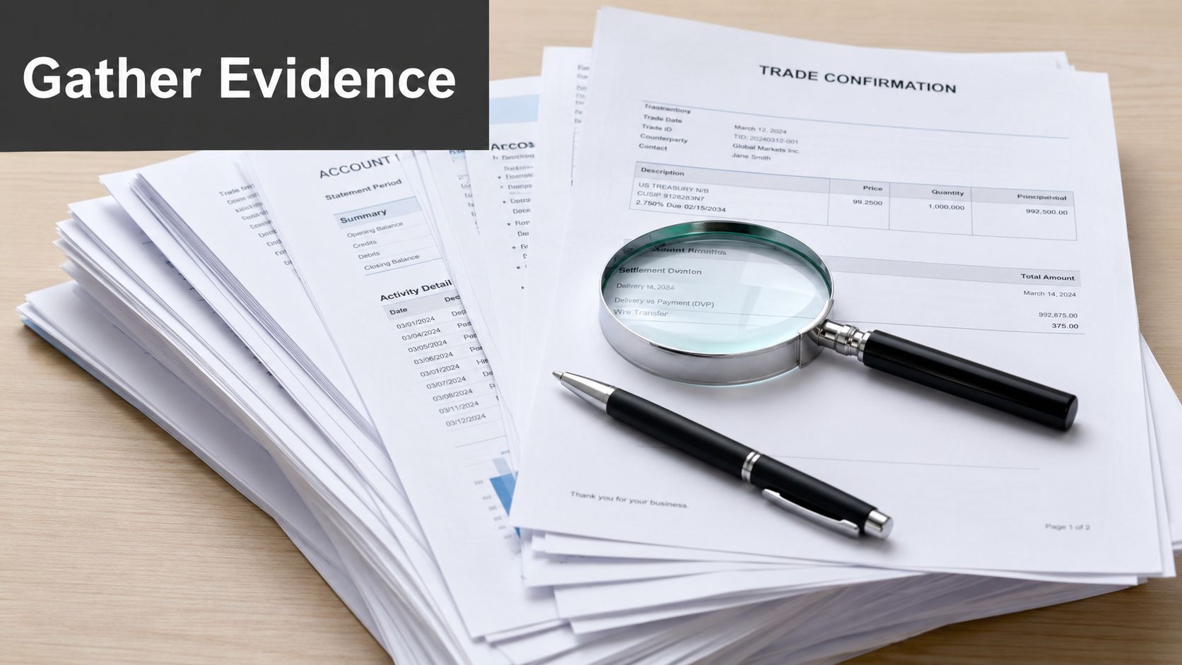 A magnifying glass and a pen resting on top of various financial trade confirmation documents on desk.