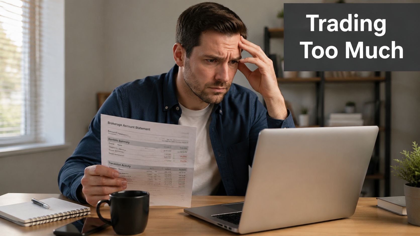 A worried man sitting at a desk looking at his brokerage account statement on a laptop.