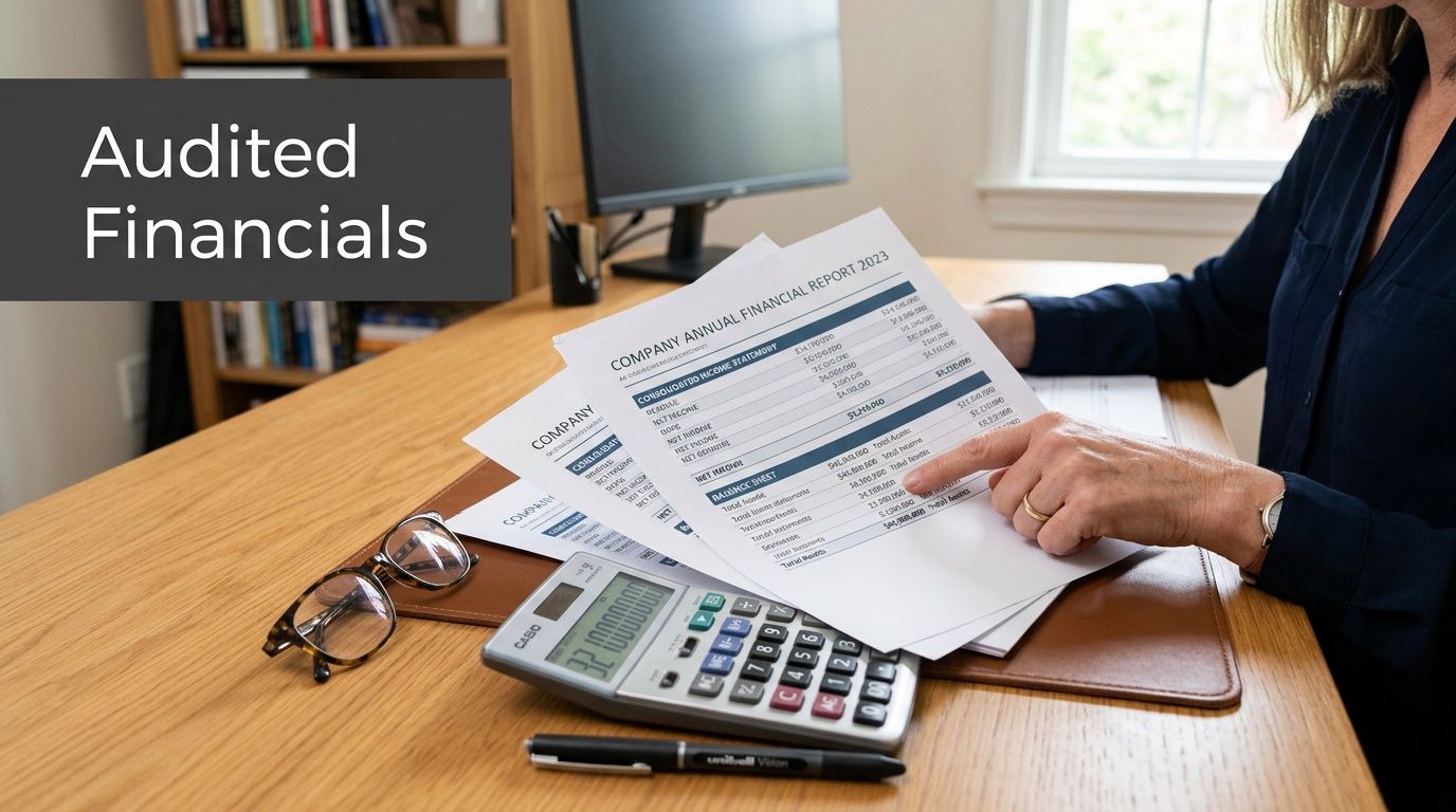 A professional analyzing a company annual financial report with a calculator, glasses, and pen on a desk.