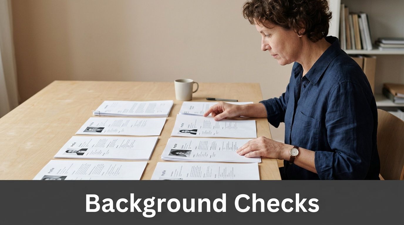 A professional woman reviewing several resumes and application documents on a wooden desk to perform background checks.