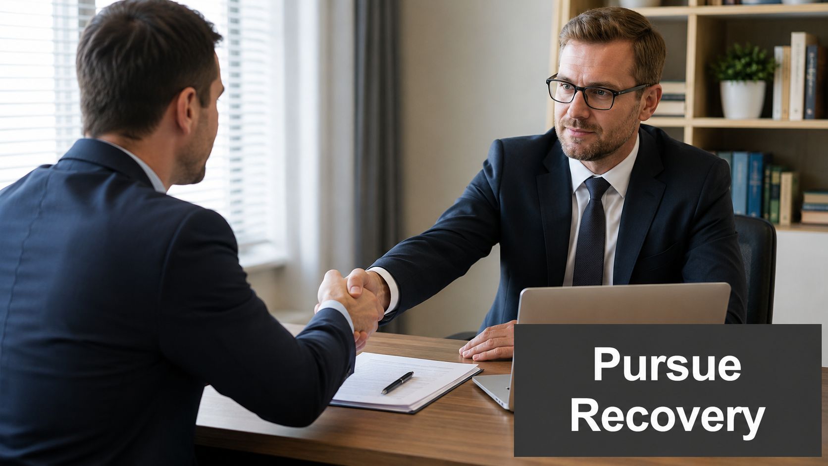 A professional man in a suit shakes hands with his business partner across a wooden office desk.