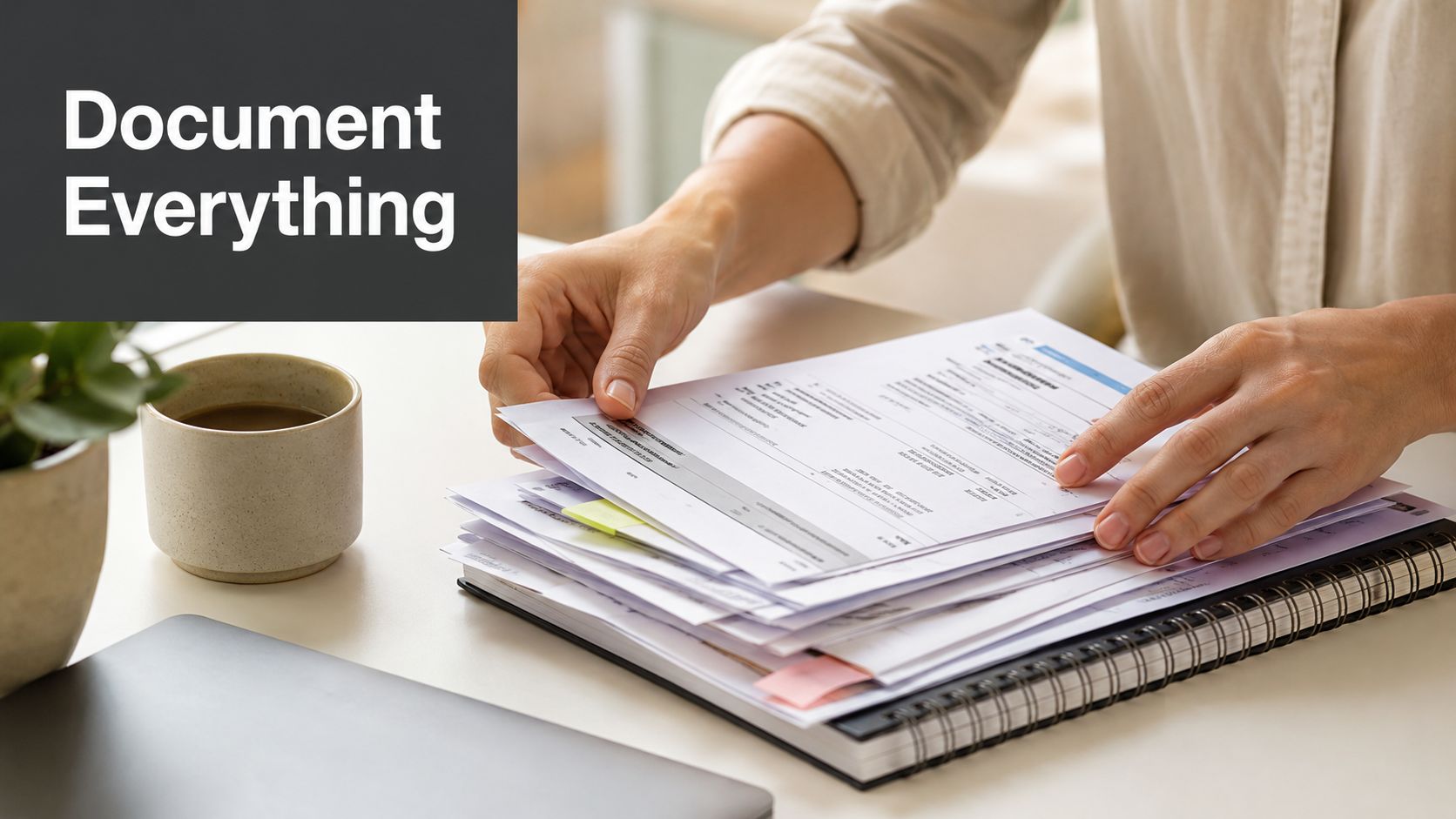A person organizing a stack of business documents and paperwork on a desk while working.