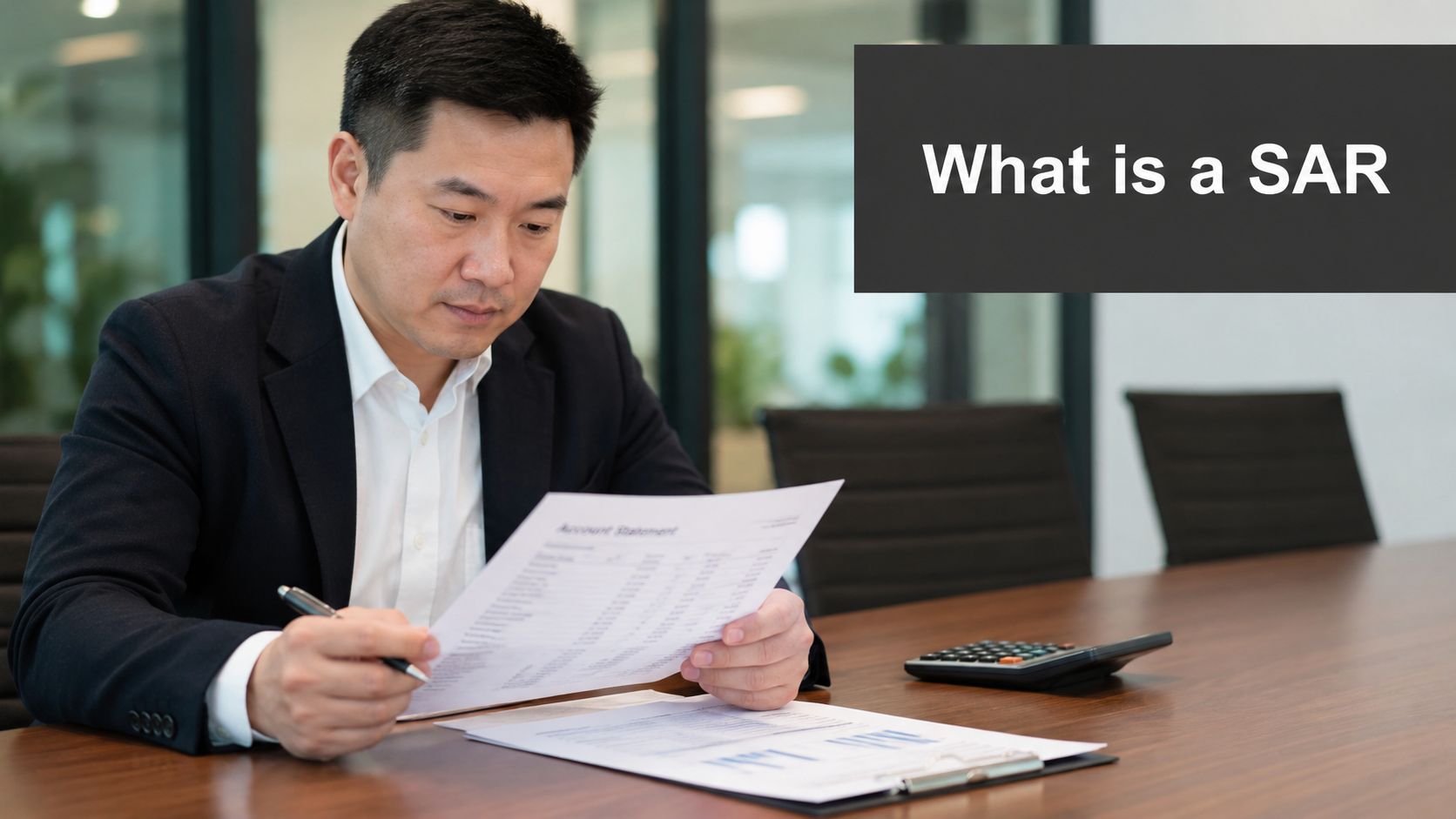 A professional man in a business suit reviewing an account statement at a boardroom table.
