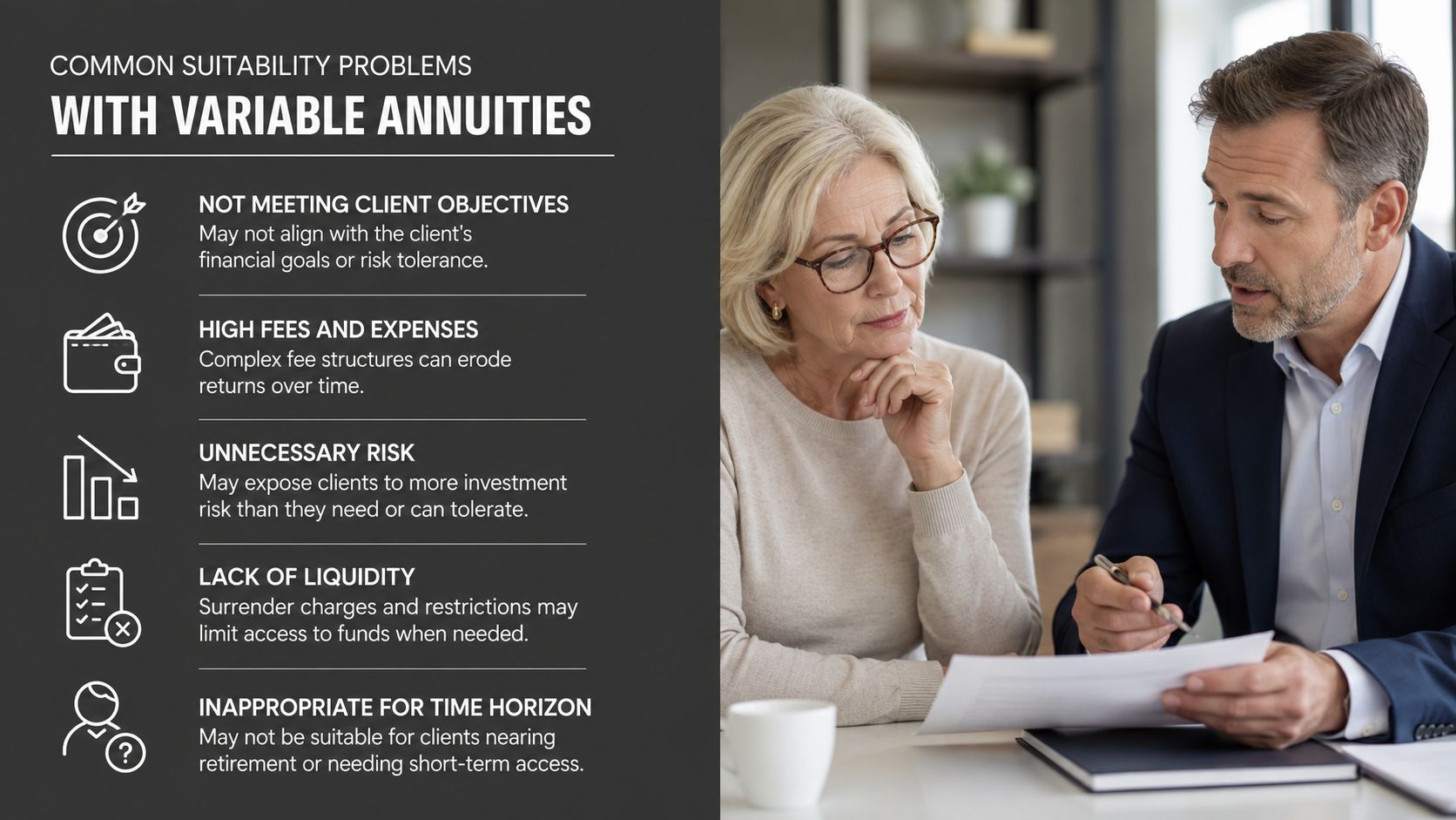 A financial advisor discusses common suitability problems with variable annuities with an older female client.
