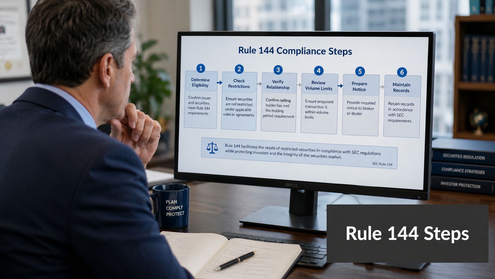 A professional reviewing a diagram on a computer screen outlining six steps for Rule 144 compliance.