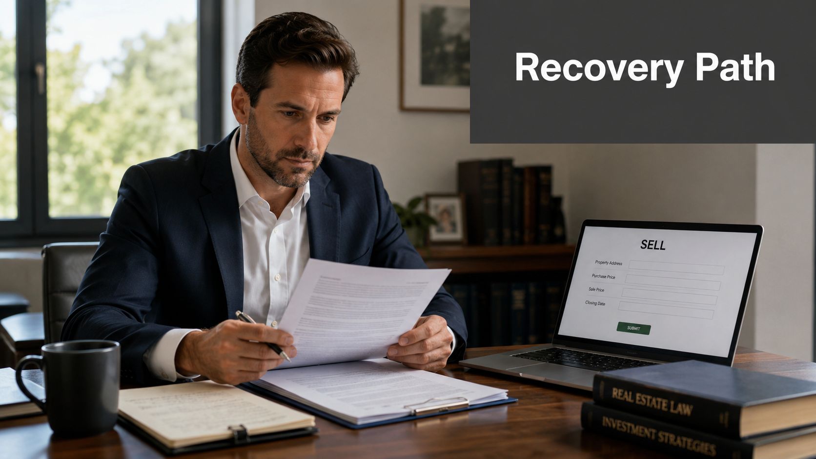 A professional man in a suit reviews legal real estate documents while working on his laptop computer.