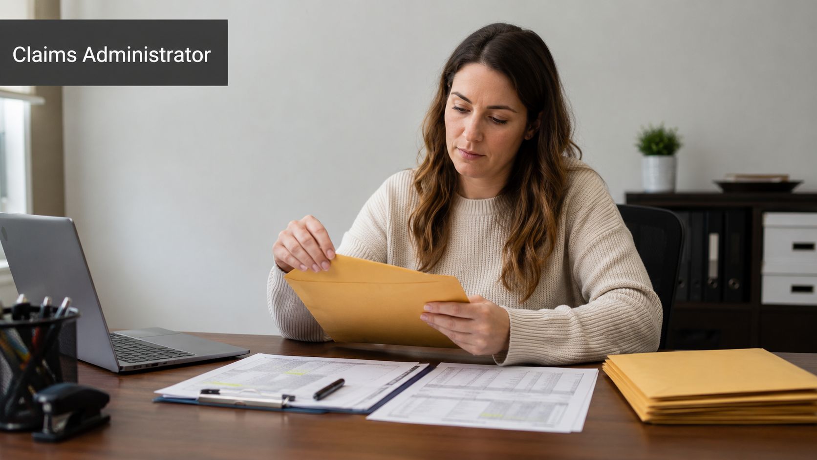 A professional claims administrator reviews important documents from a yellow envelope at her office desk.