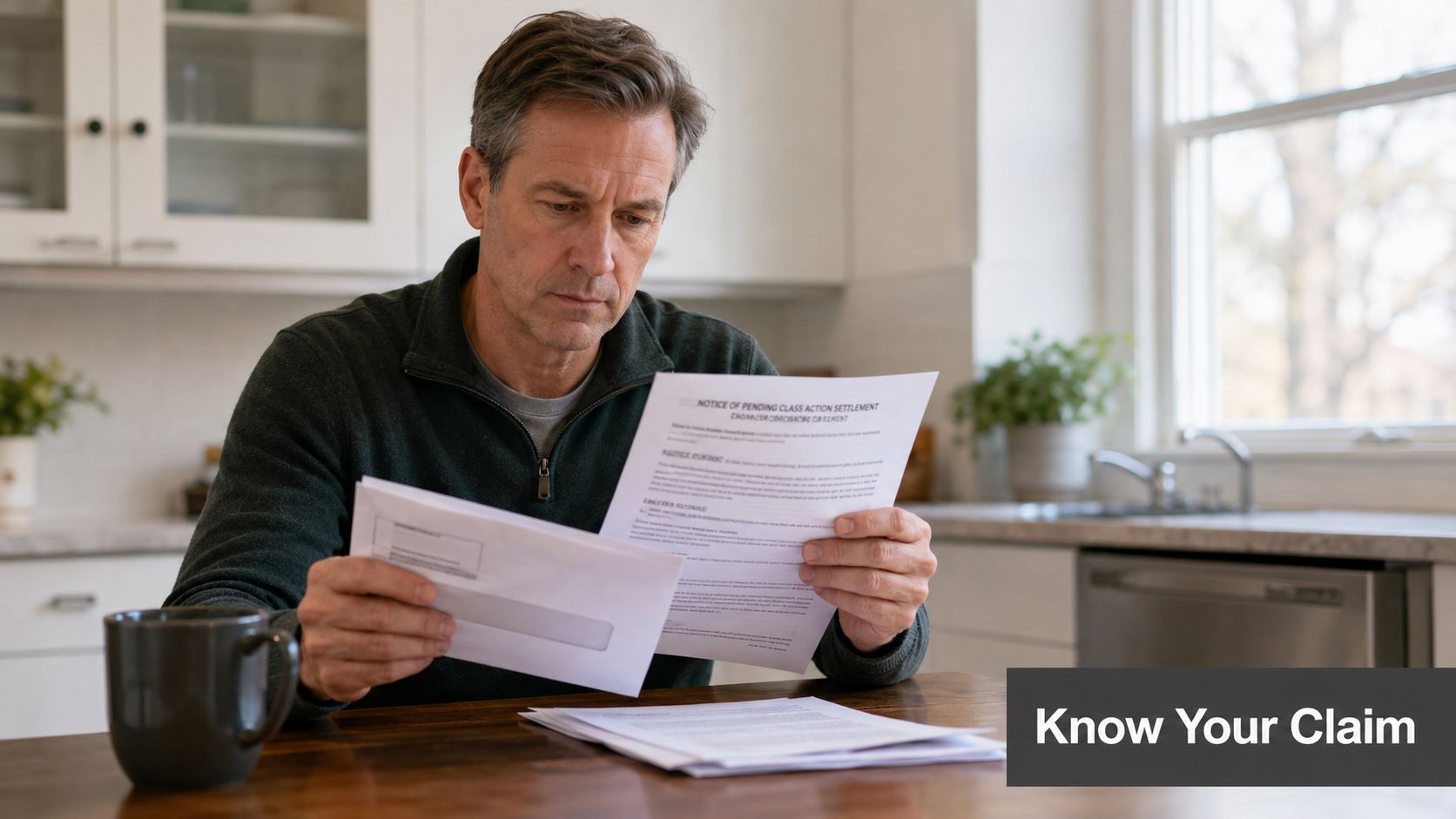 A mature man sits at a kitchen table reading a document regarding a pending class action settlement.