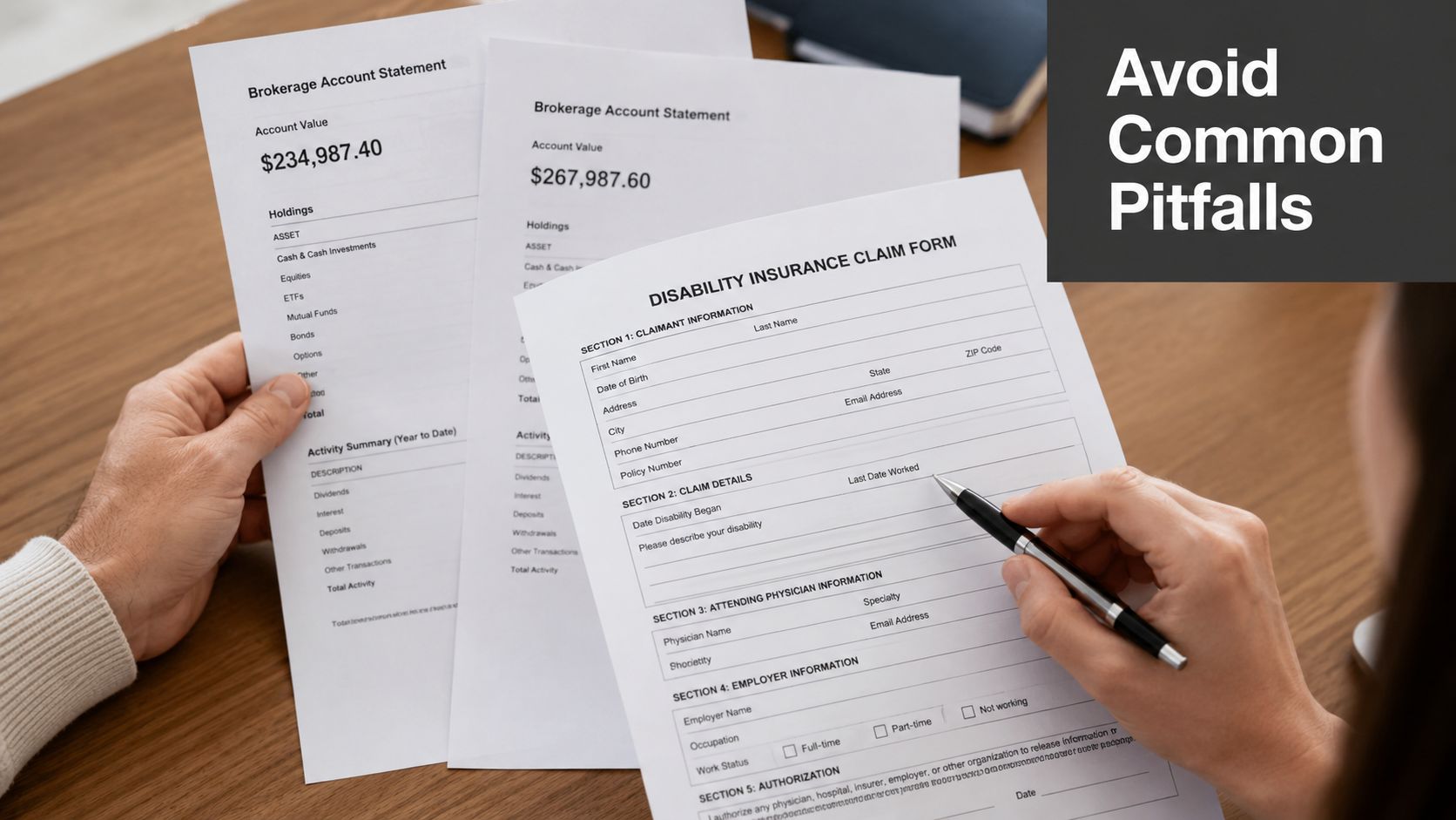 A person filling out a disability insurance claim form while reviewing brokerage account statements on a desk.