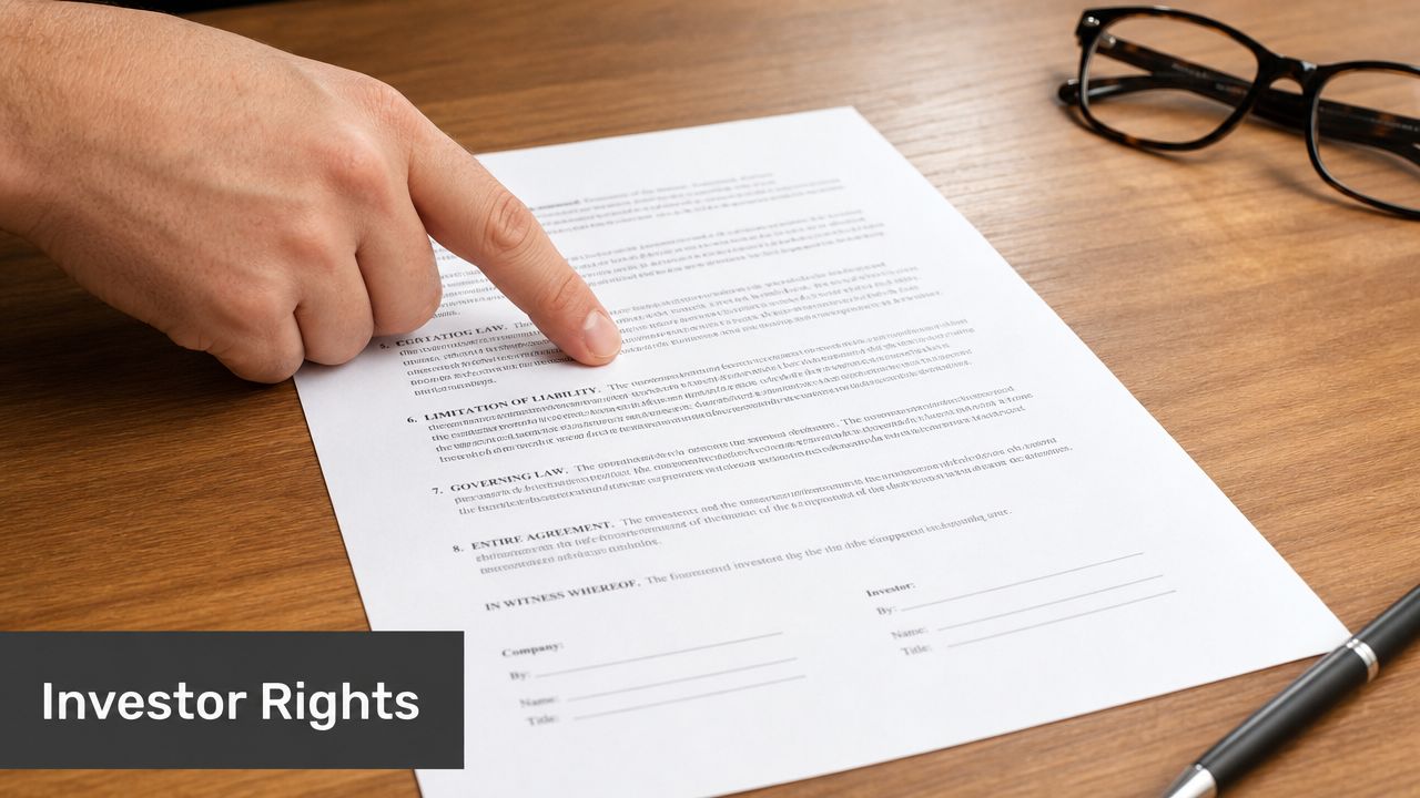 A close-up view of a person pointing at a document on a wooden desk with a pen and glasses.