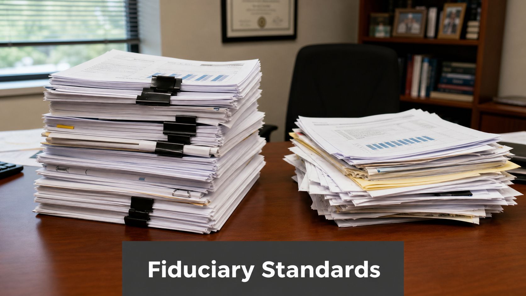 Two large stacks of paperwork and financial documents resting on a professional wooden office desk.