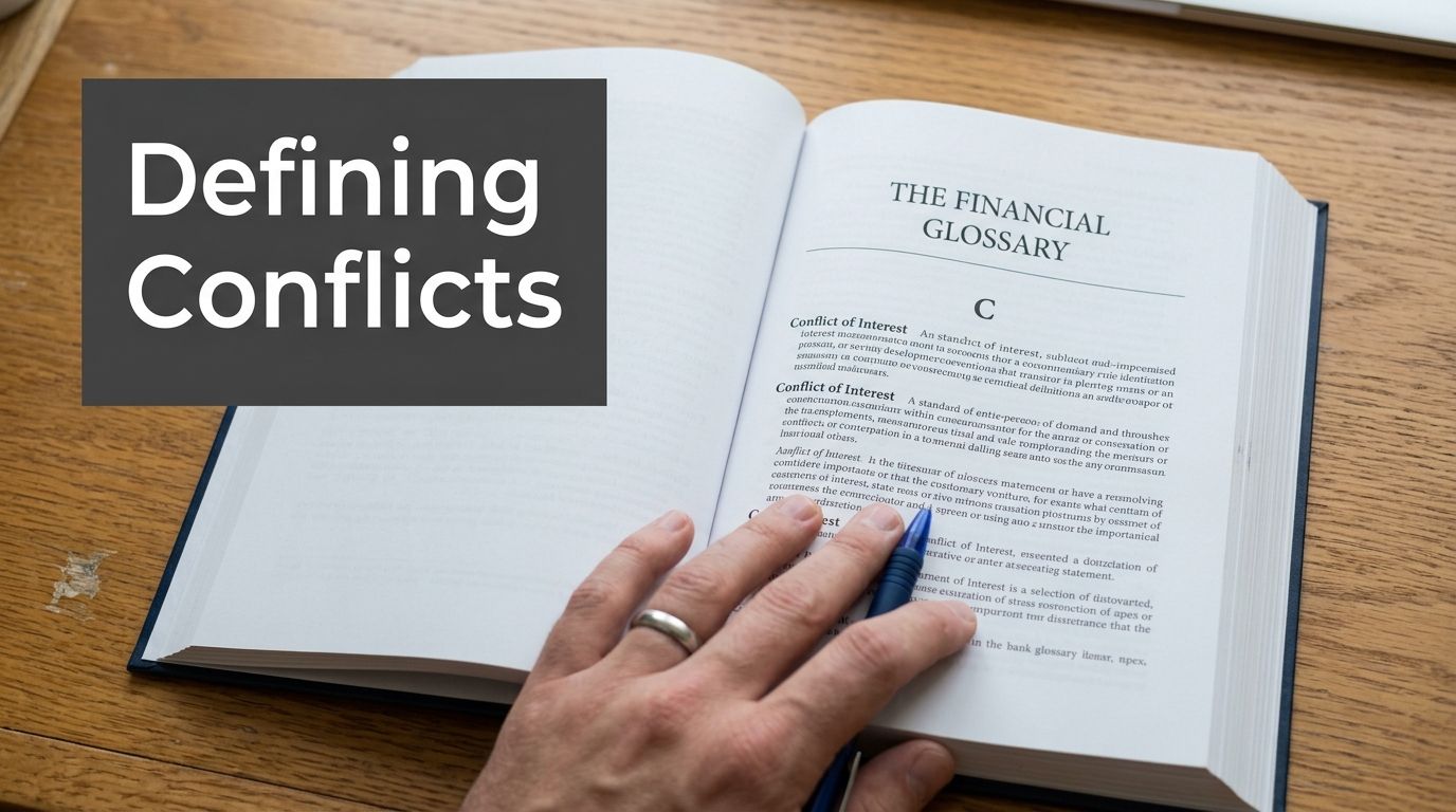 A hand wearing a wedding ring pointing at a definition of conflict of interest in a book.