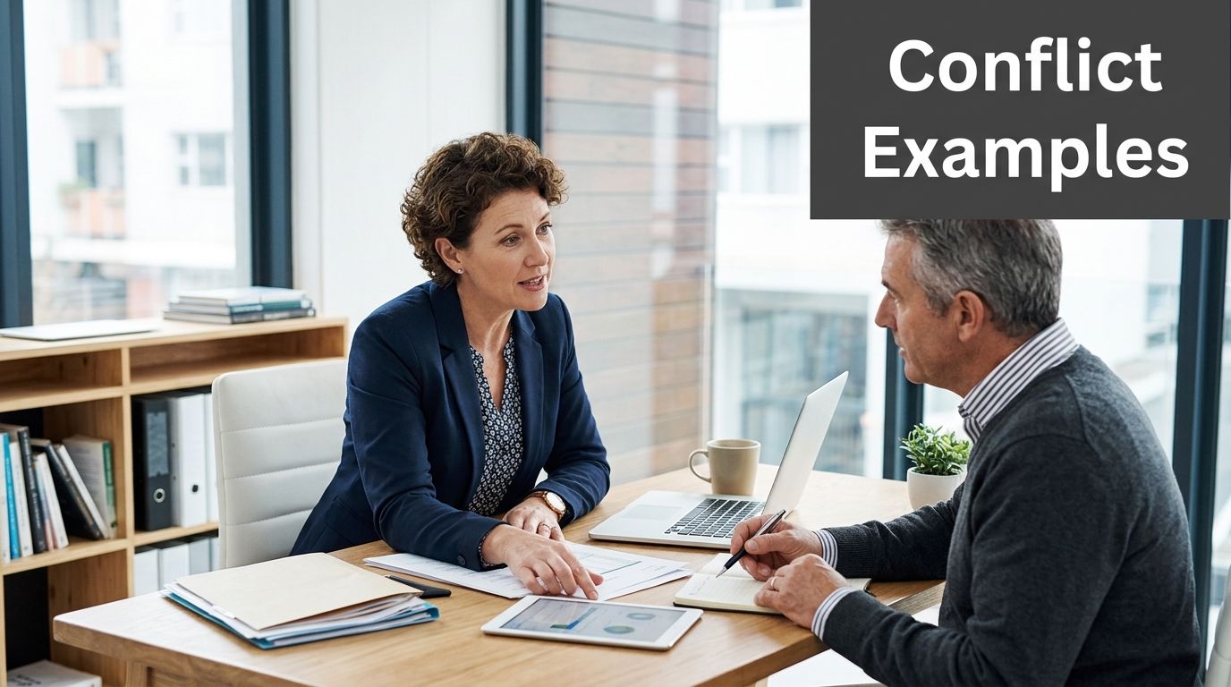 A professional man and woman having a serious workplace discussion in a modern office environment.