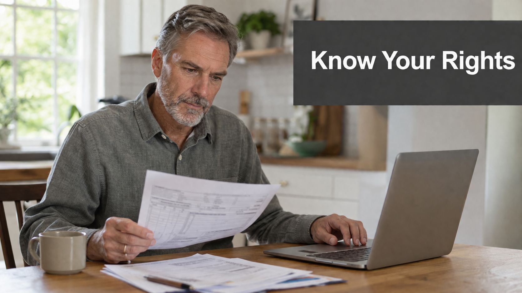 A middle-aged man with gray hair sits at a desk reviewing legal documents while using a laptop.