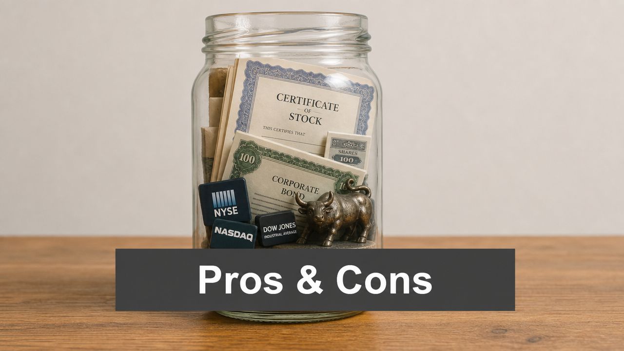 A glass jar containing stock certificates, a bond, and a bull figurine representing investment and financial markets.