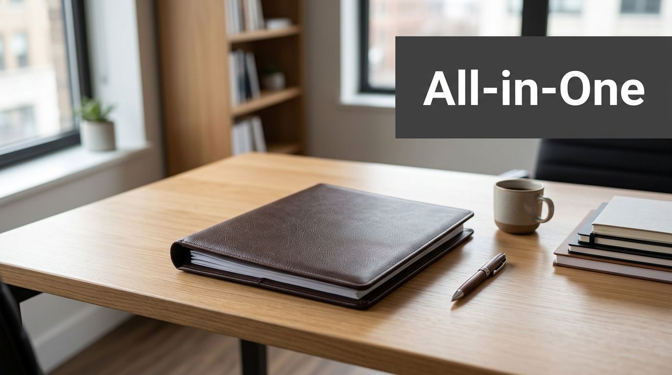 A leather-bound professional folder rests on a clean wooden office desk next to a coffee mug.