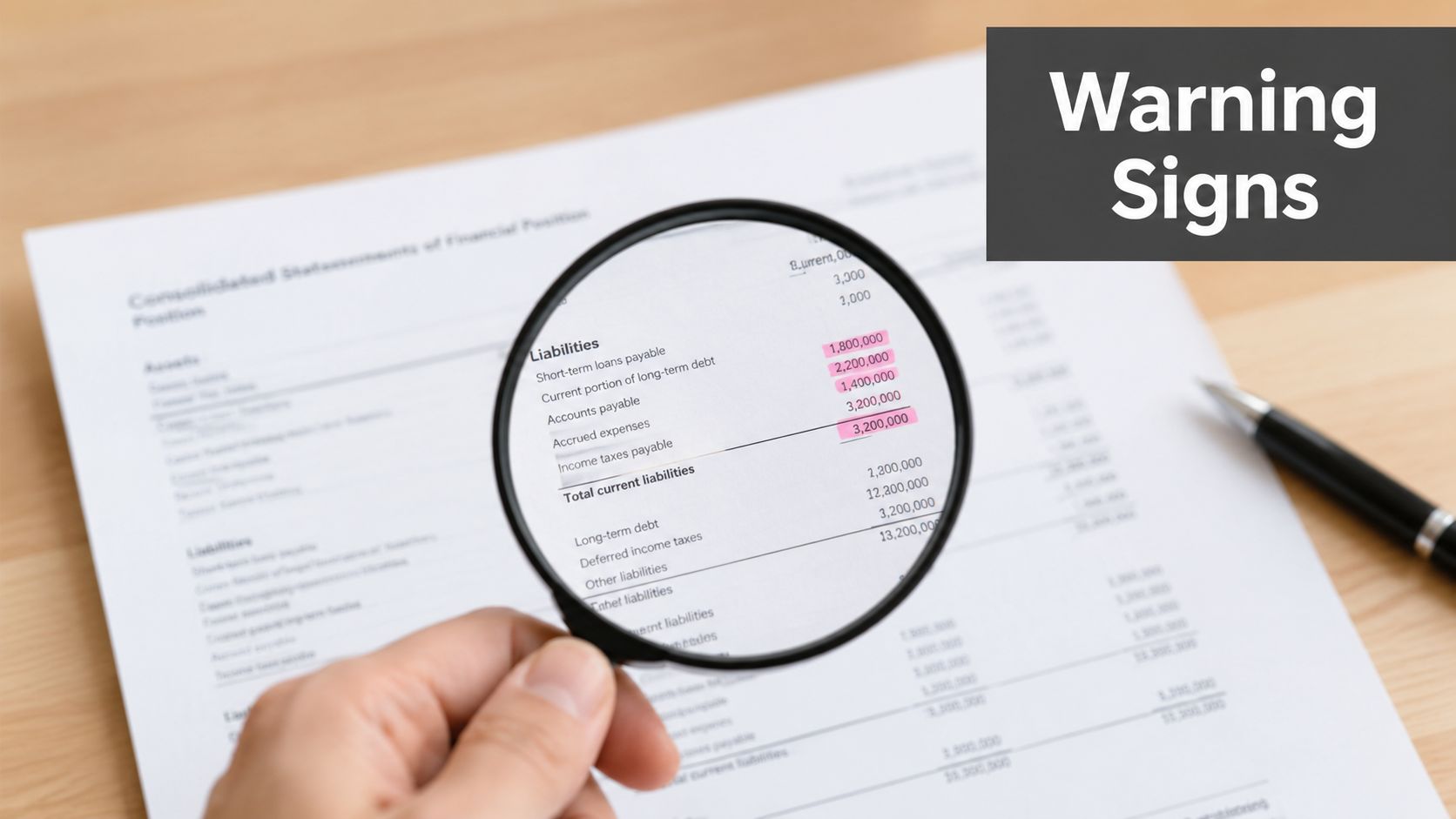 A hand holds a magnifying glass over a financial document highlighting various liabilities and debts.