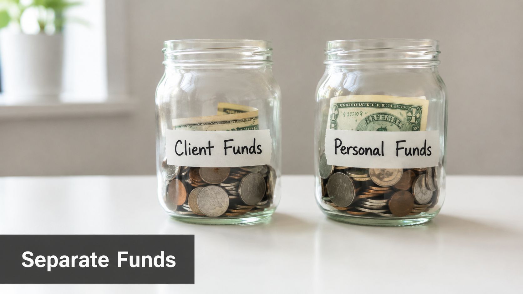 Two glass jars placed side by side, labeled Client Funds and Personal Funds, containing cash and coins.