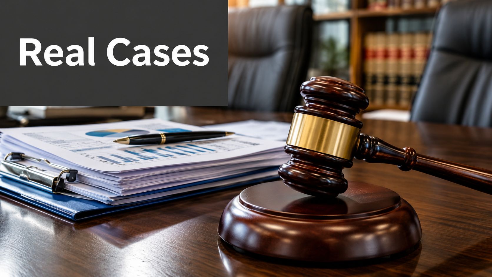 A wooden gavel resting on a table beside legal documents and a pen in a courtroom setting.