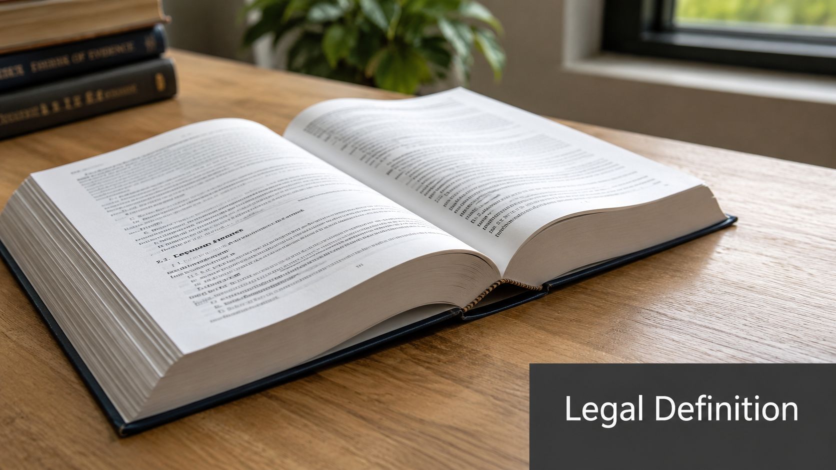 An open textbook resting on a wooden table, focusing on legal text and definitions.