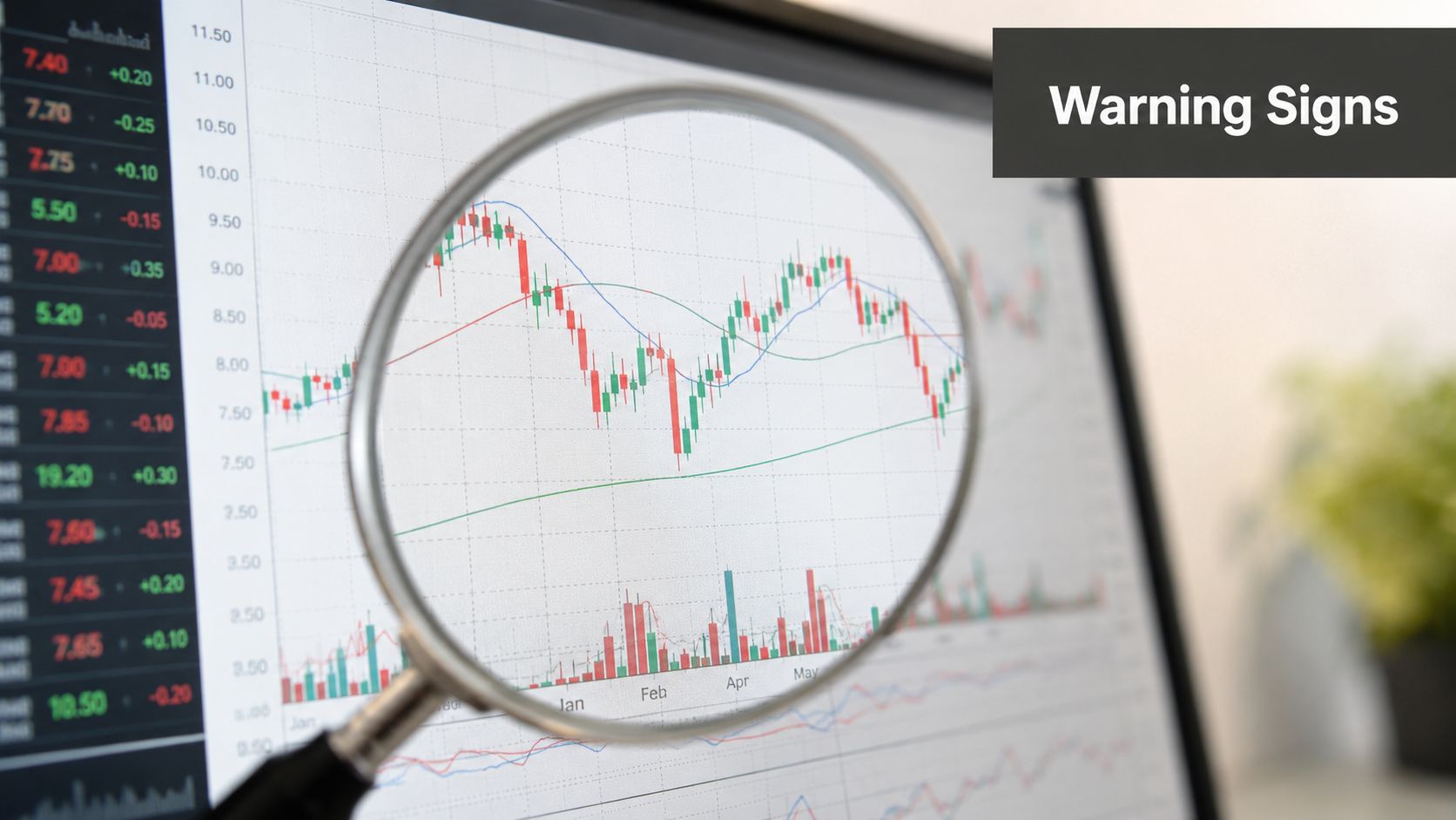 A magnifying glass focusing on a complex financial stock market chart with trend lines and data points.