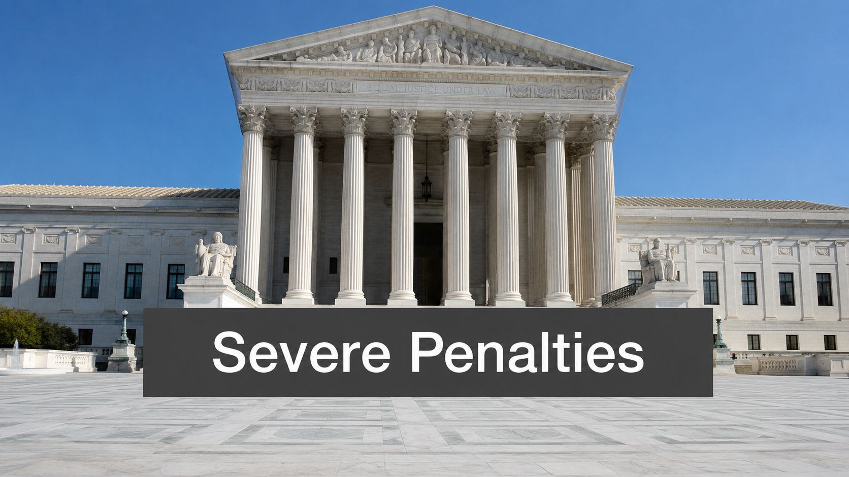 The United States Supreme Court building exterior with a text overlay that reads Severe Penalties.