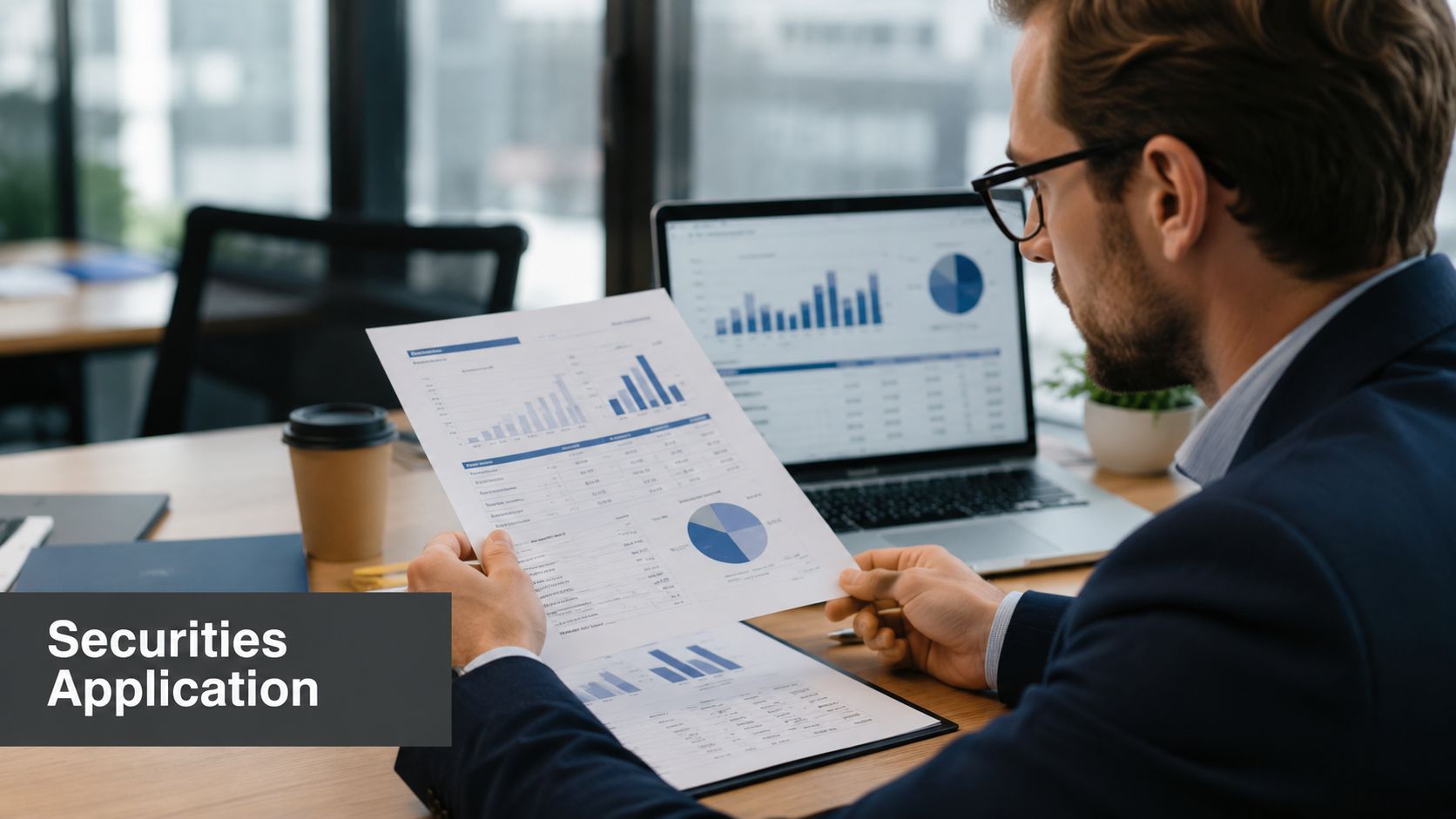 A professional man in a business suit reviewing financial charts and investment data in an office.