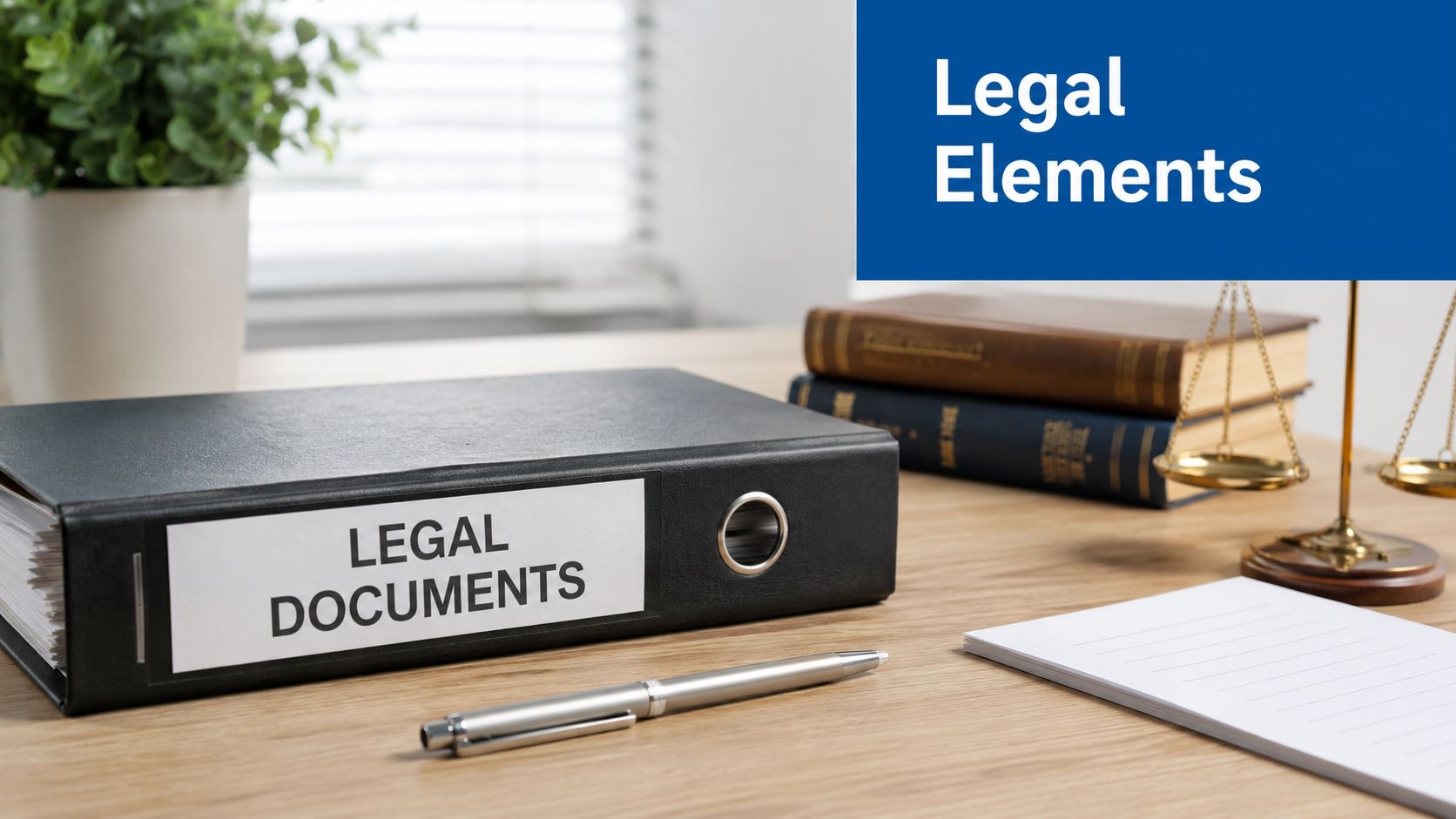 A black binder labeled Legal Documents rests on a wooden desk next to a pen and books.