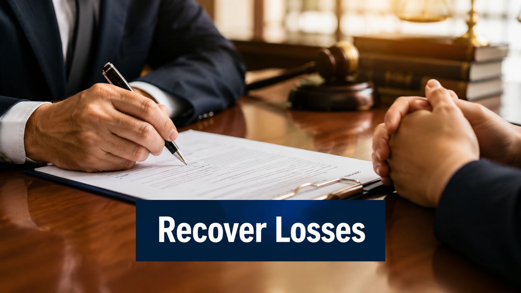 A legal professional signing a document across from a client, symbolizing legal representation to recover financial losses.