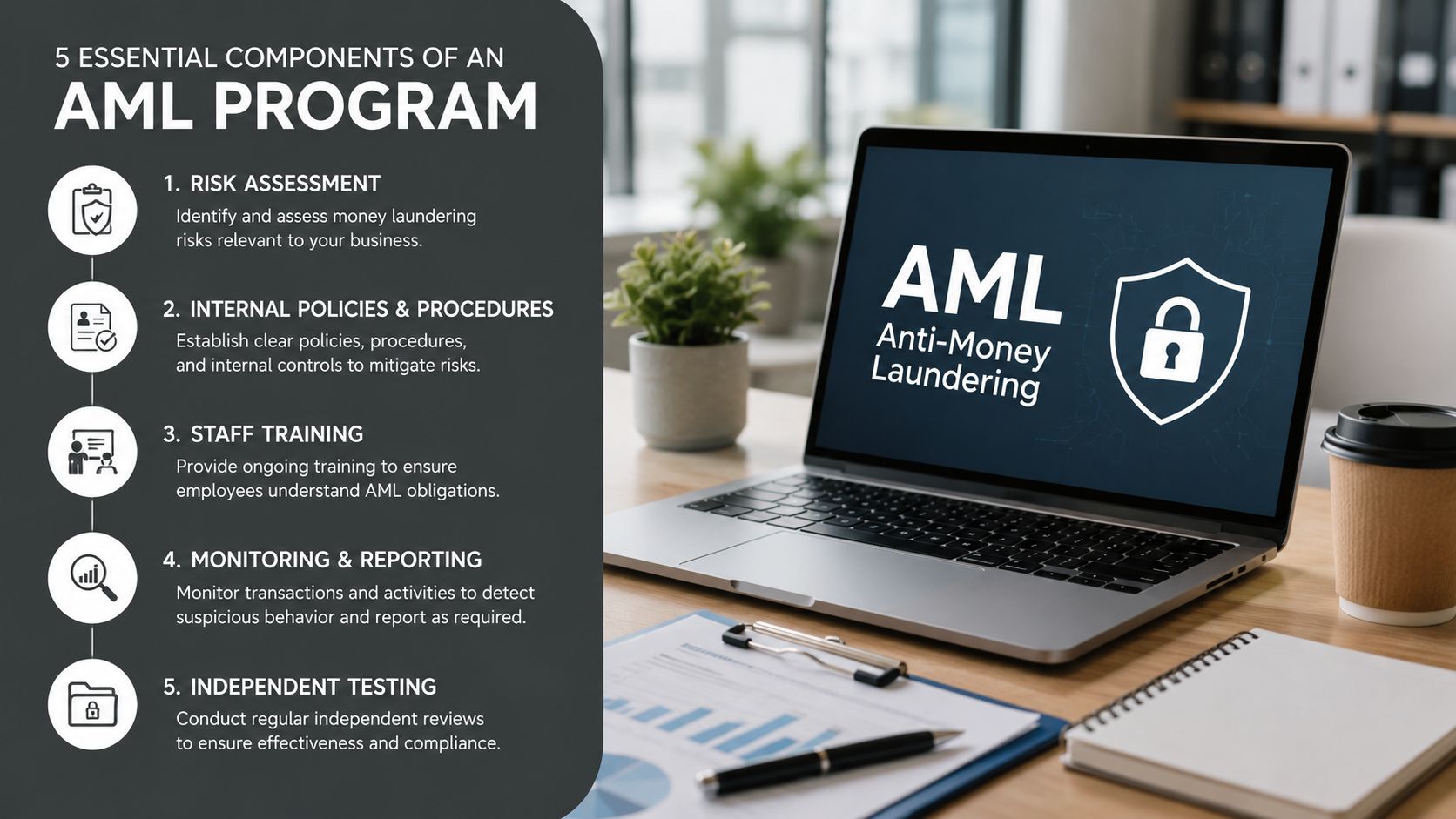 A graphic listing the five essential components of an anti-money laundering program next to a laptop.