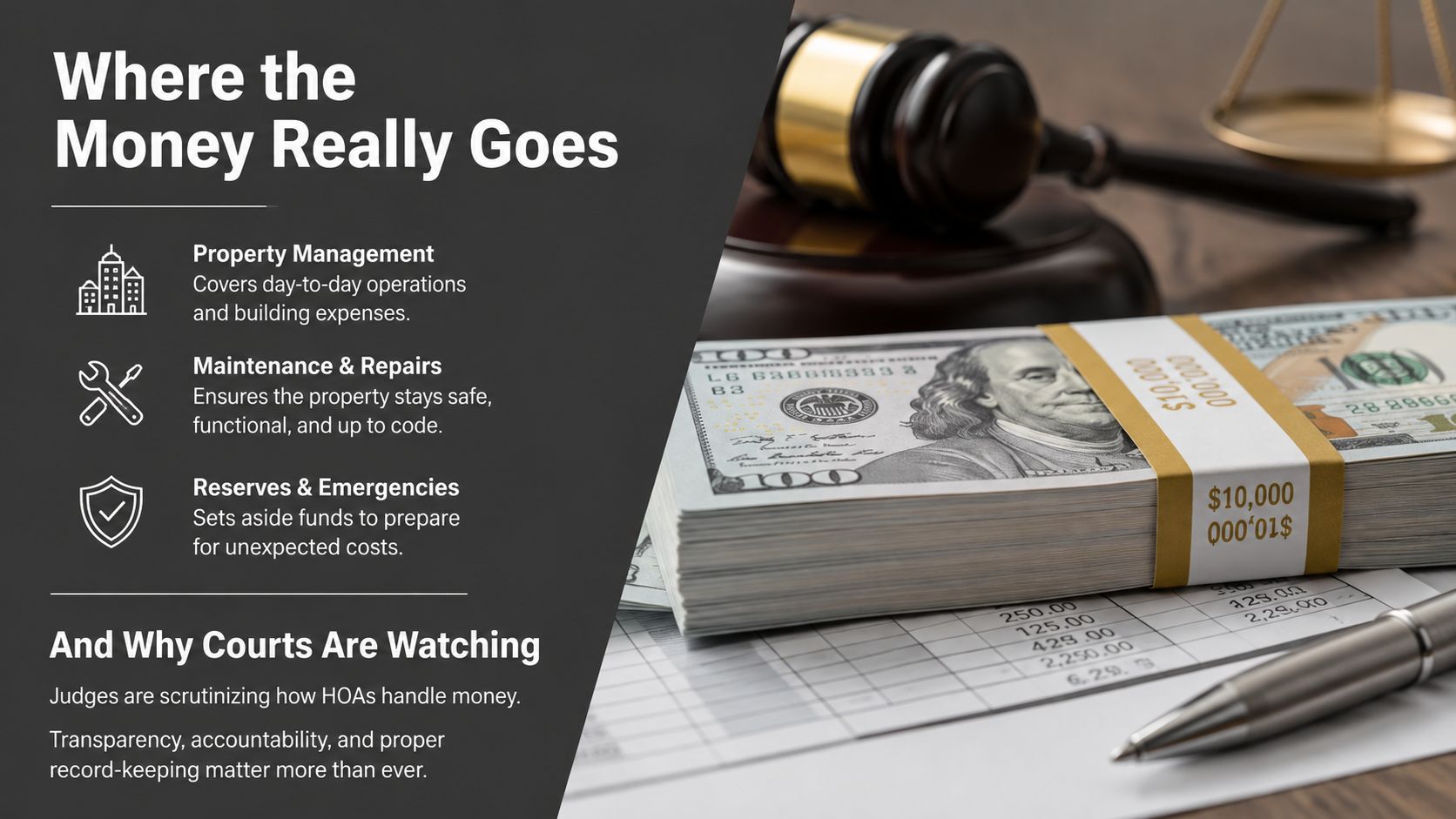 A graphic showing HOA budget categories alongside a judge's gavel and a stack of money on financial documents.