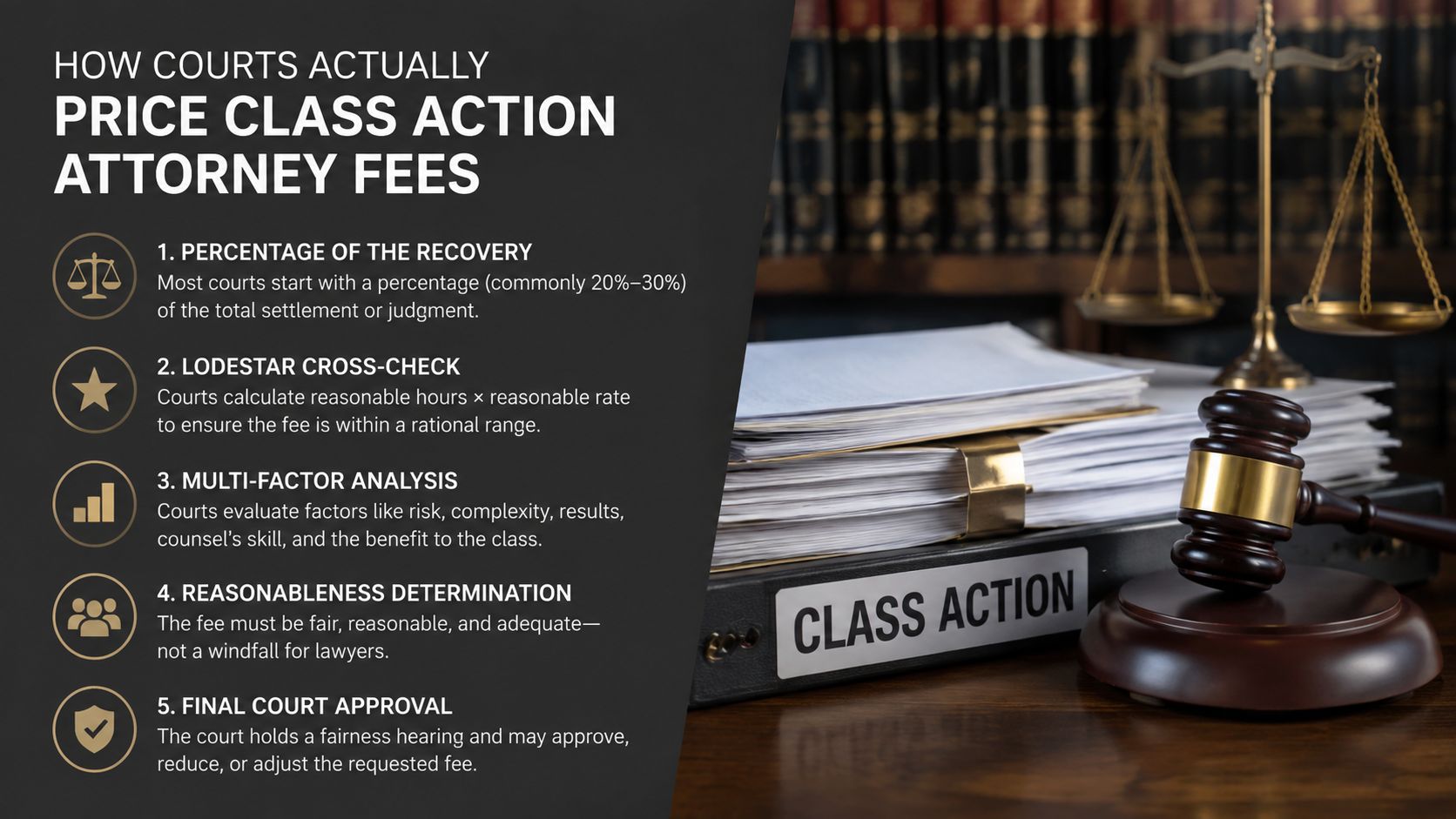 An infographic detailing the five key methods courts use to determine class action attorney fees.