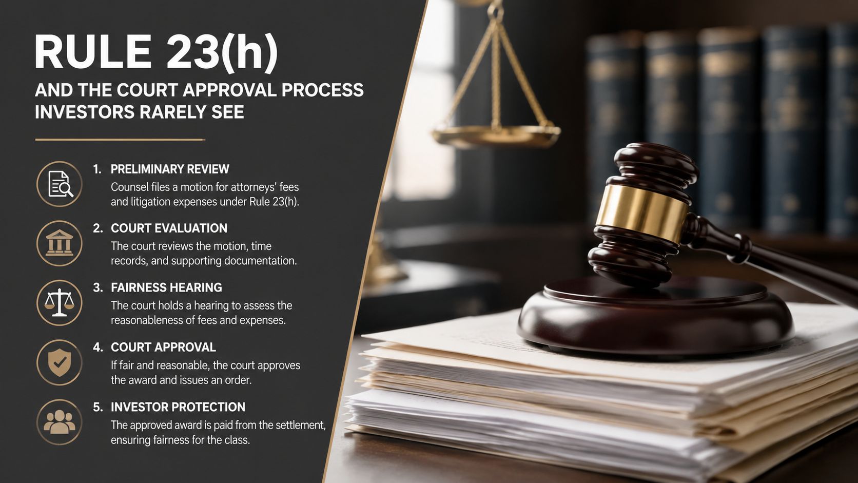 A visual guide explaining the five-step legal process for court approval of class action attorneys' fees.
