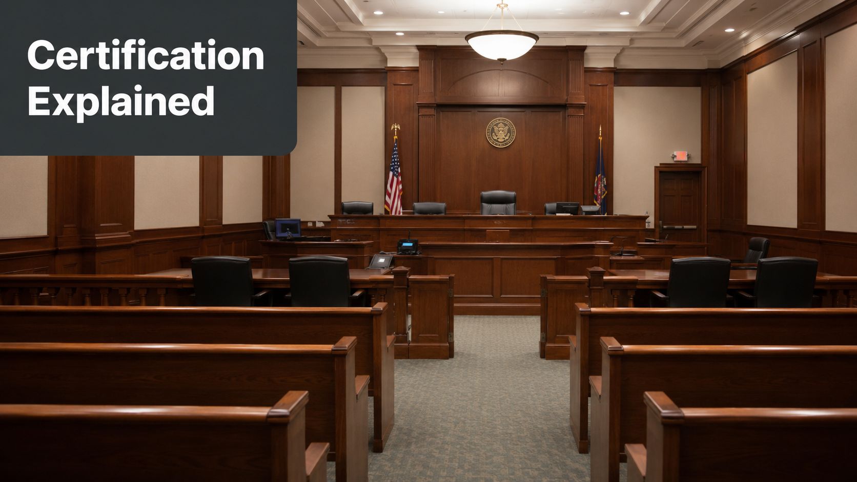 An empty wooden courtroom featuring a judge bench with an American flag and witness seating.